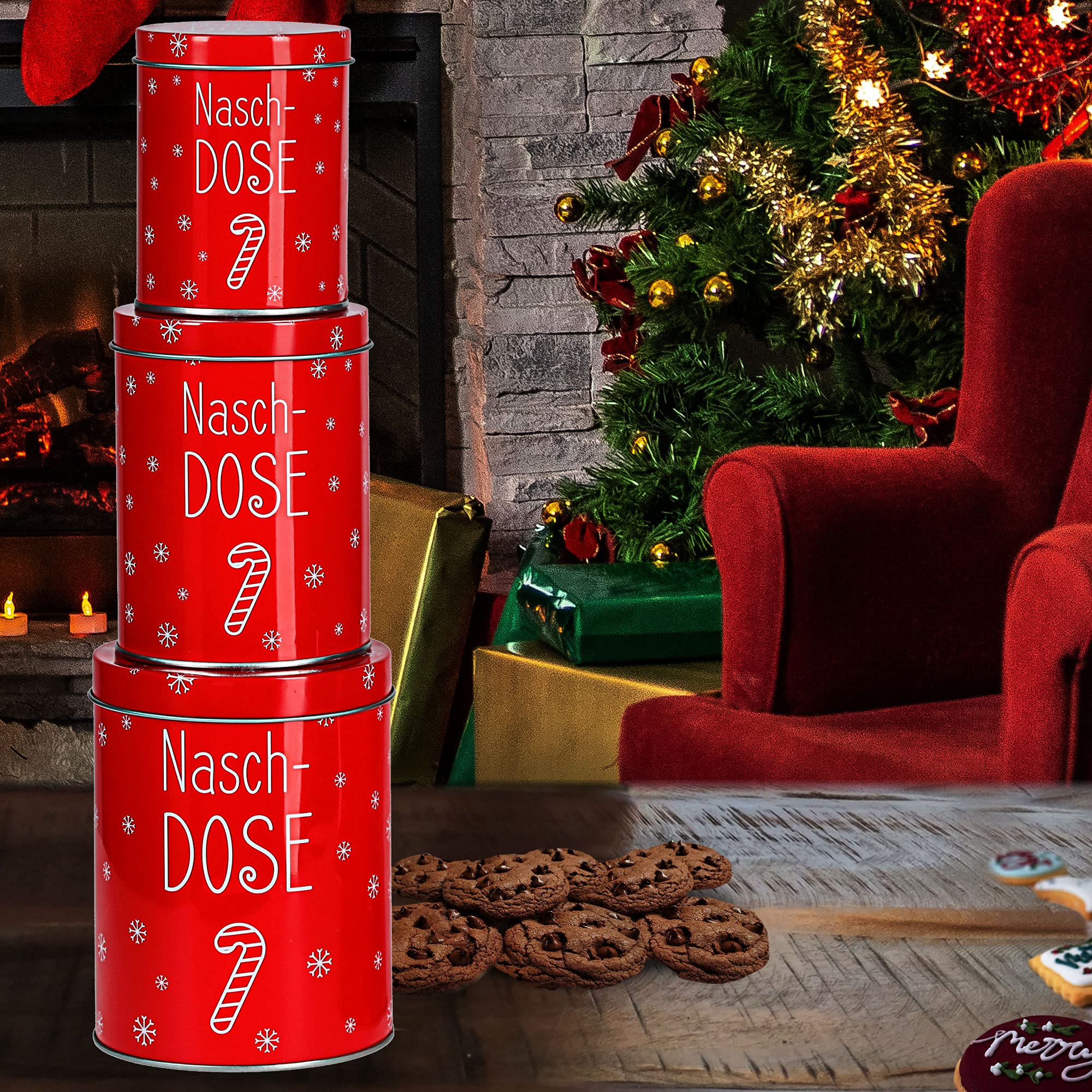 Cepewa Gebäckdose Naschdose 3er Set Weihnachten | 3 Größen rund Metall