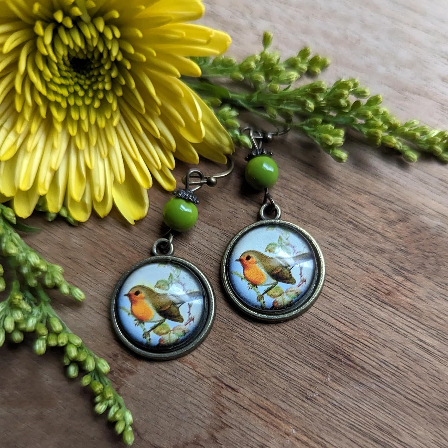 Victorian Robin Bird Earrings Reversed Decoupage Glass Cabochon
