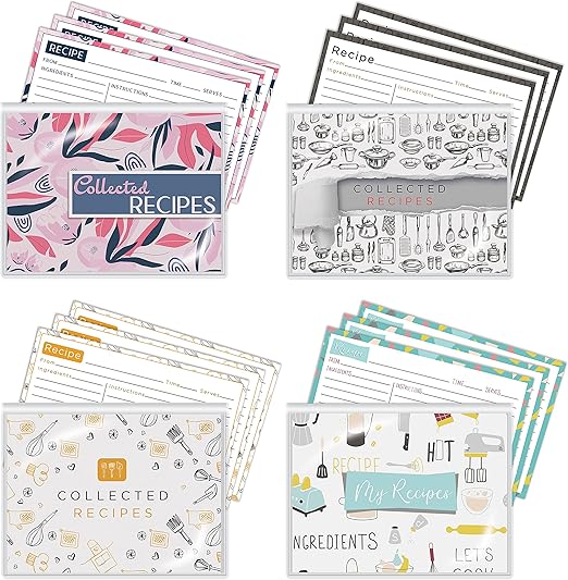 Better Kitchen Products 24 Pocket Mini Recipe Card Books with 100 4 x 6 Recipe Cards, 4 Pack with 4 Assorted Designs (25 Cards per Design), 4 Recipe Book Sleeves + 100 Recipe Cards