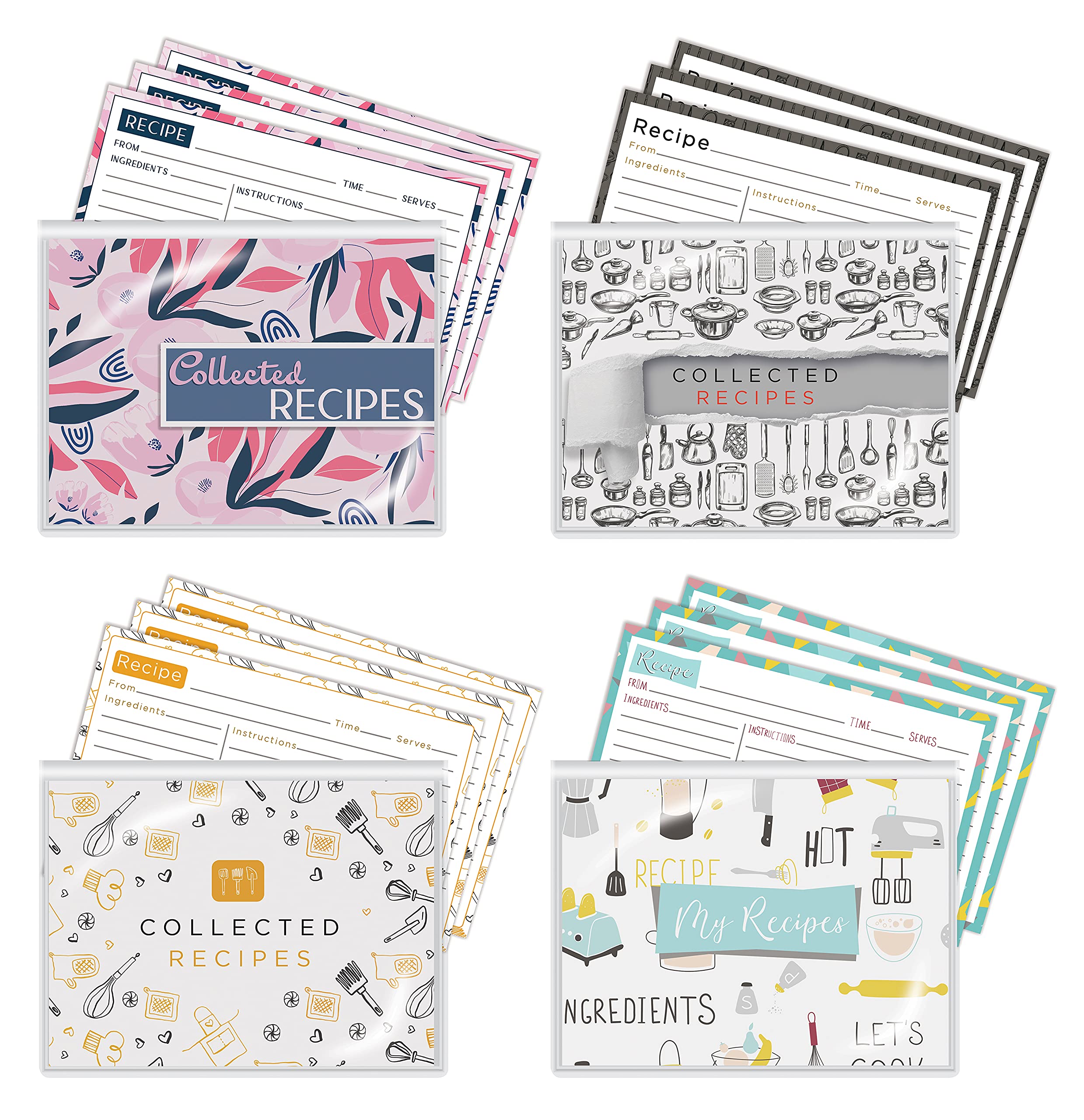 Better Kitchen Products 24 Pocket Mini Recipe Card Books with 100 4 x 6 Recipe Cards, 4 Pack with 4 Assorted Designs (25 Cards per Design), 4 Recipe Book Sleeves + 100 Recipe Cards