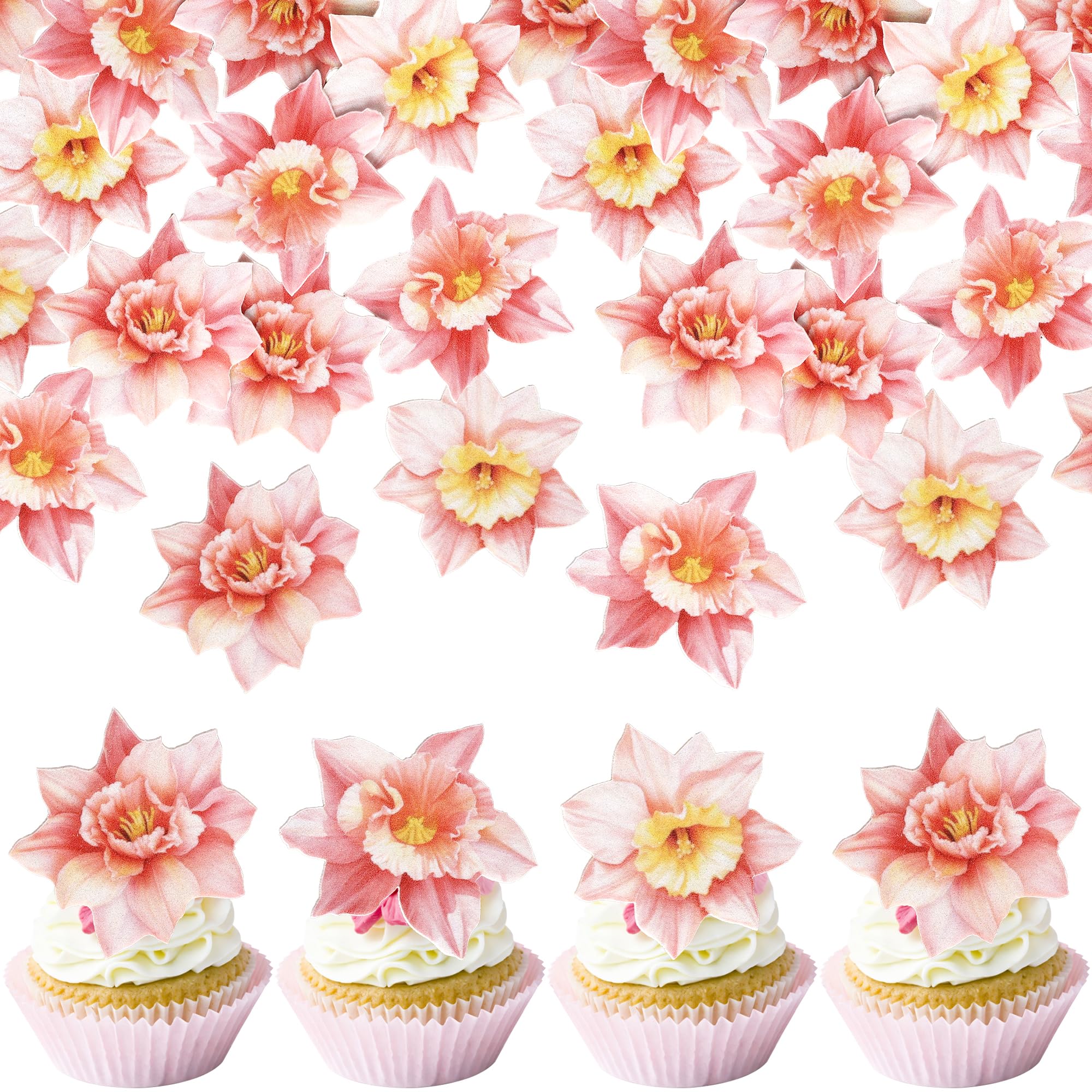 Xsstarmi 60 Pack Red Daffodils Edible Cupcake Toppers Rice Paper Narcissus Flower Cupcake Picks for Spring Summer Wedding Birthday Party Cake Decorations Supplies