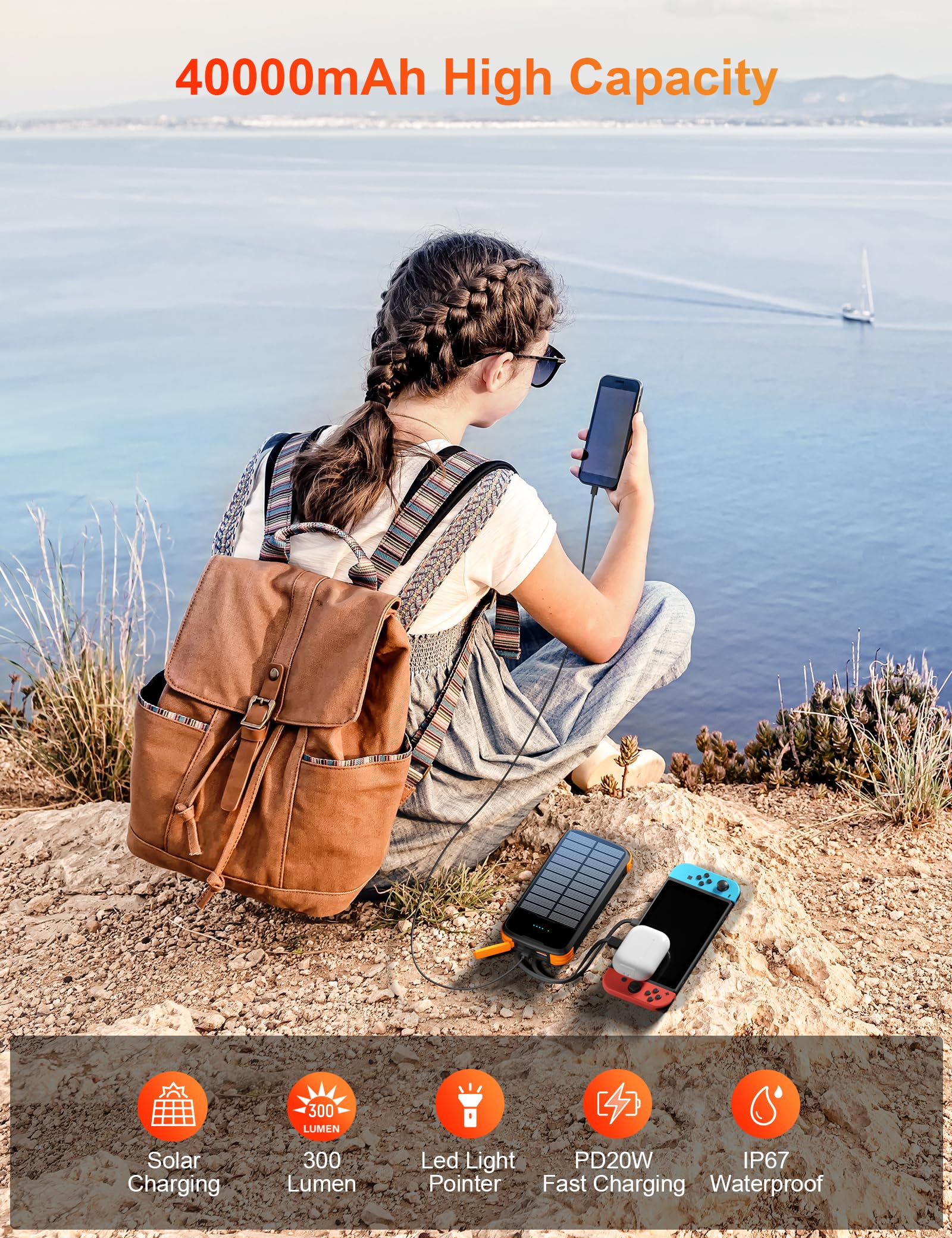 Cargador solar, batería externa de carga rápida PD de 20 W, cargador de teléfono portátil de 40000 mAh, 4 cables integrados con linternas dobles brillantes para camping, senderismo y uso al