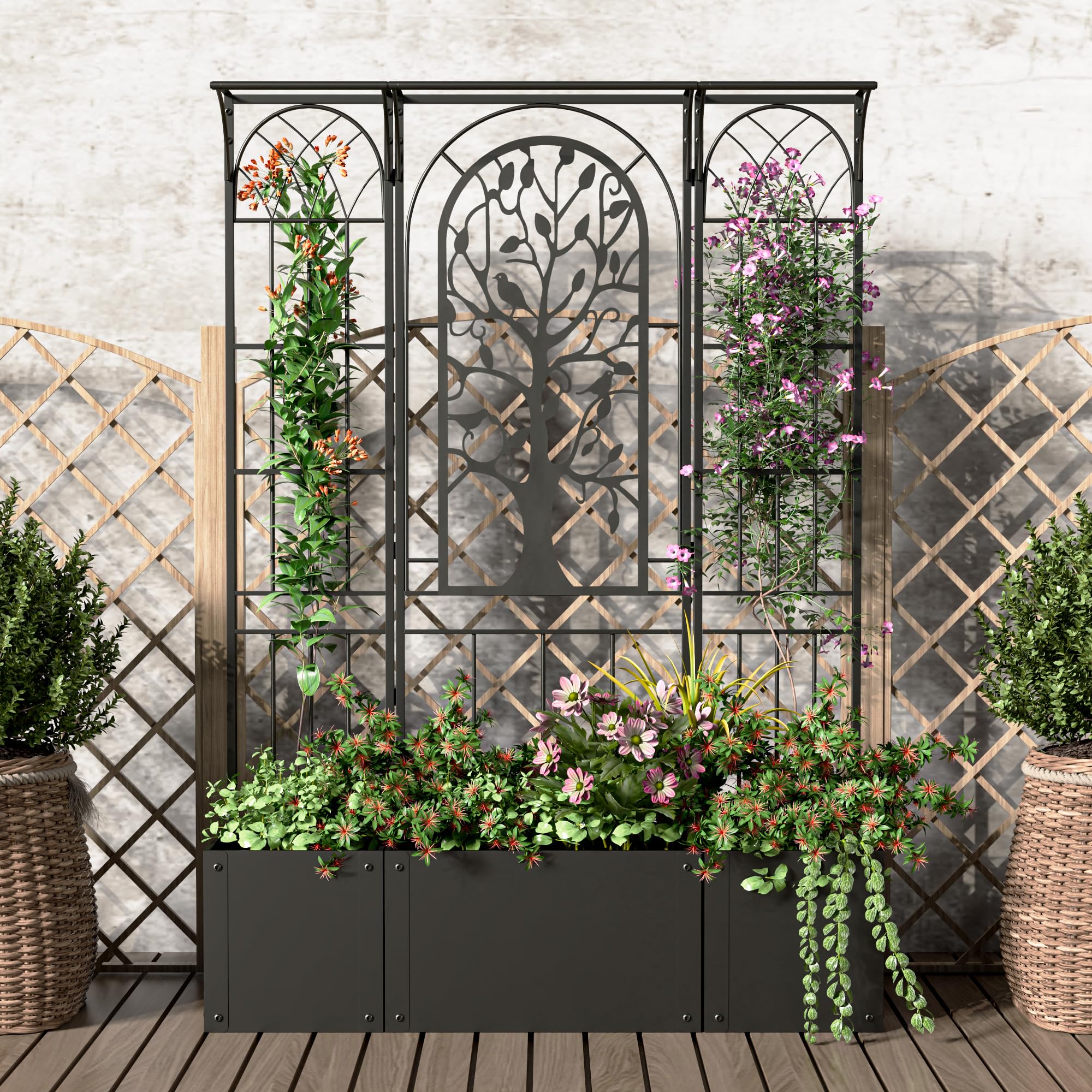Metal Planter Box with Trellis, Raised Garden Bed with Trellis Privacy Screen, 62 inch Tall Trellis Planter for Climbing Plants, Flowers, Vegetables, Fruits, Balcony and Patio Decor (Black)