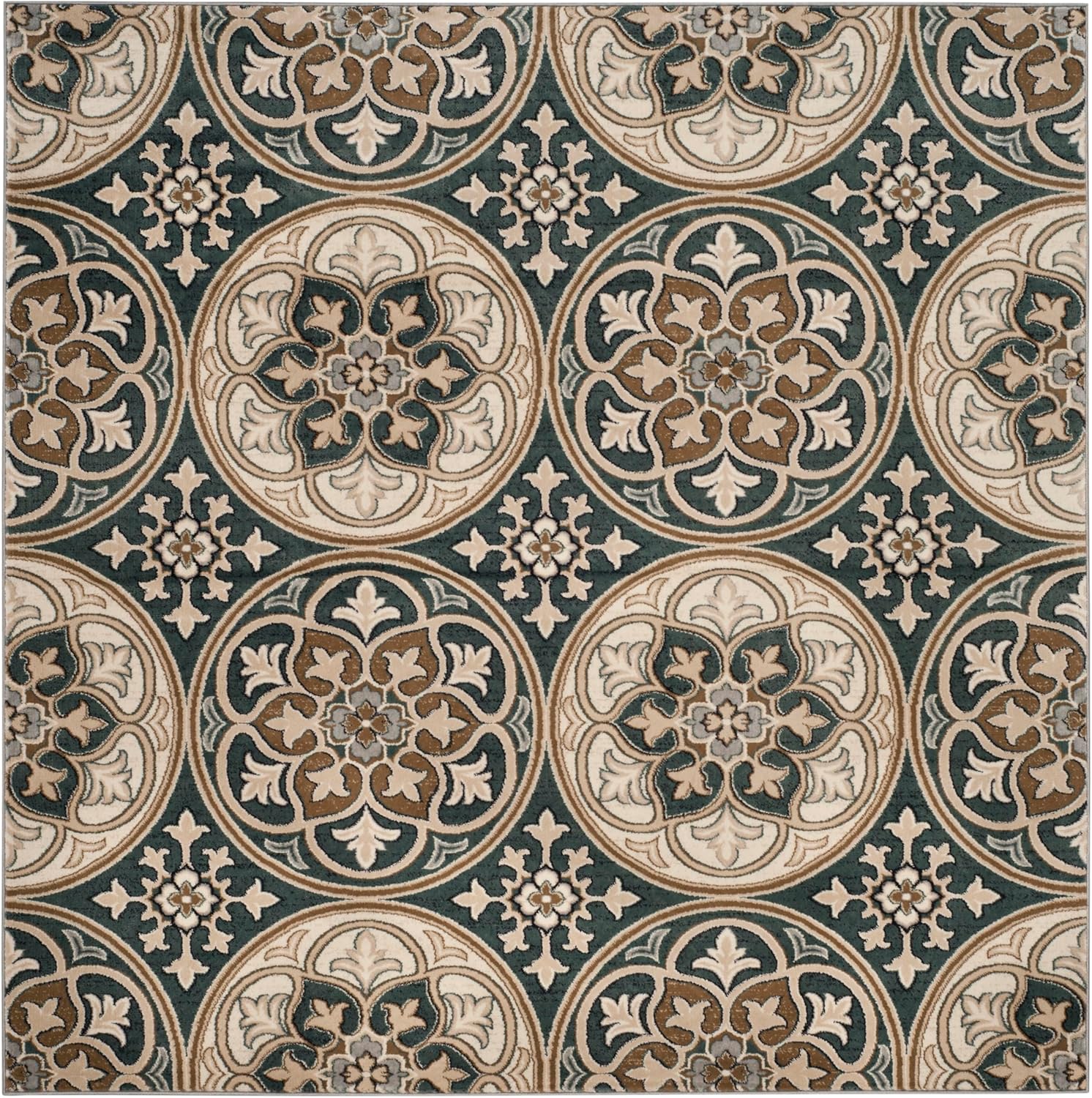 SAFAVIEH Lyndhurst Collection Area Rug - 8' Square, Slate Blue & Beige, Floral Design, Non-Shedding & Easy Care, Ideal for High Traffic Areas in Living Room, Bedroom (LNH341C)