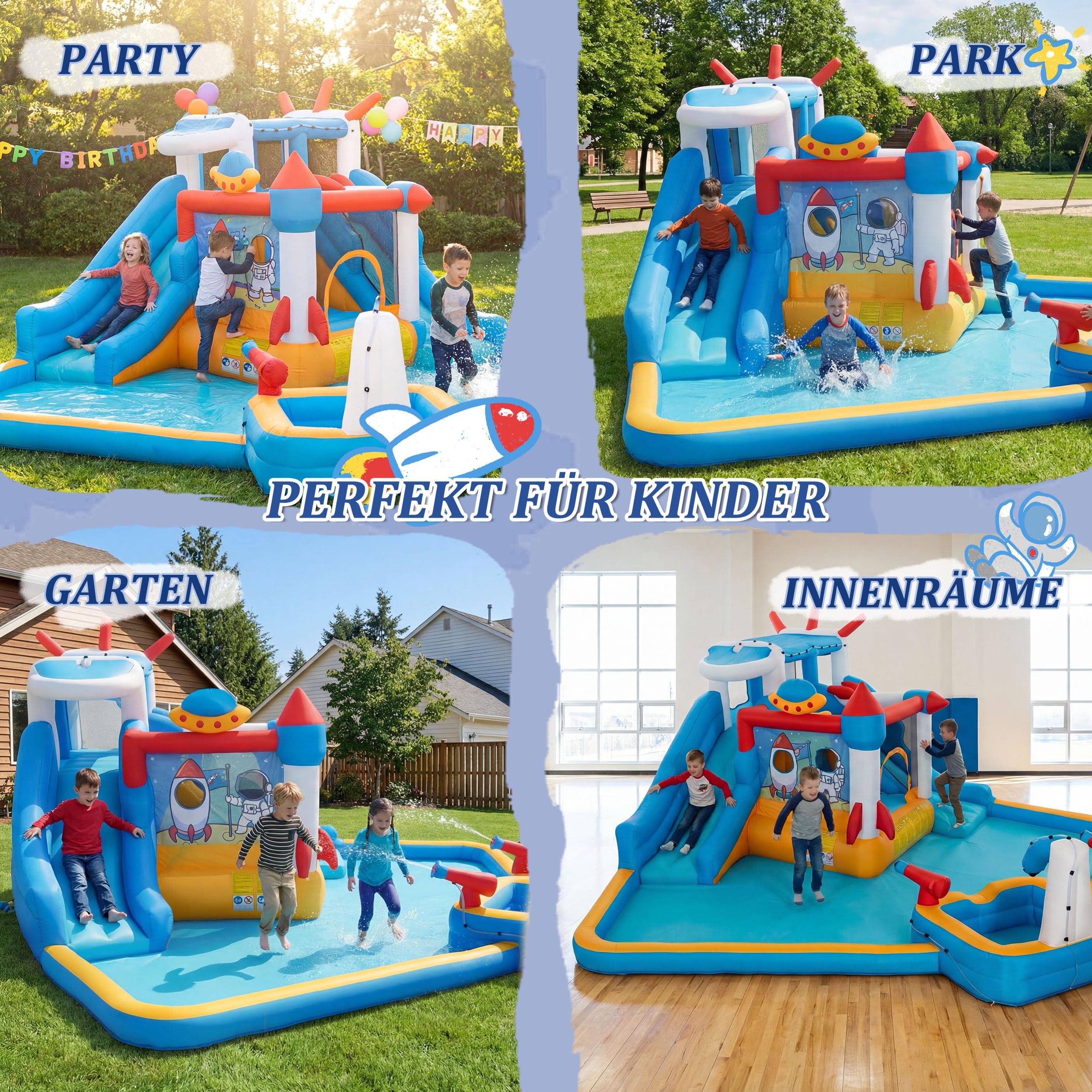 UEV Aufblasbarer 6-in-1 Hüpfburg XXL mit Gebläse 580W, Trocken-/Wasserrutsche, Wasserpark Groß for Indoor & Outdoor,Raketen-Thema, EN71-1/2/3, geeignet für Kinder von 3 bis 10 Jahren, 452x437x213cm
