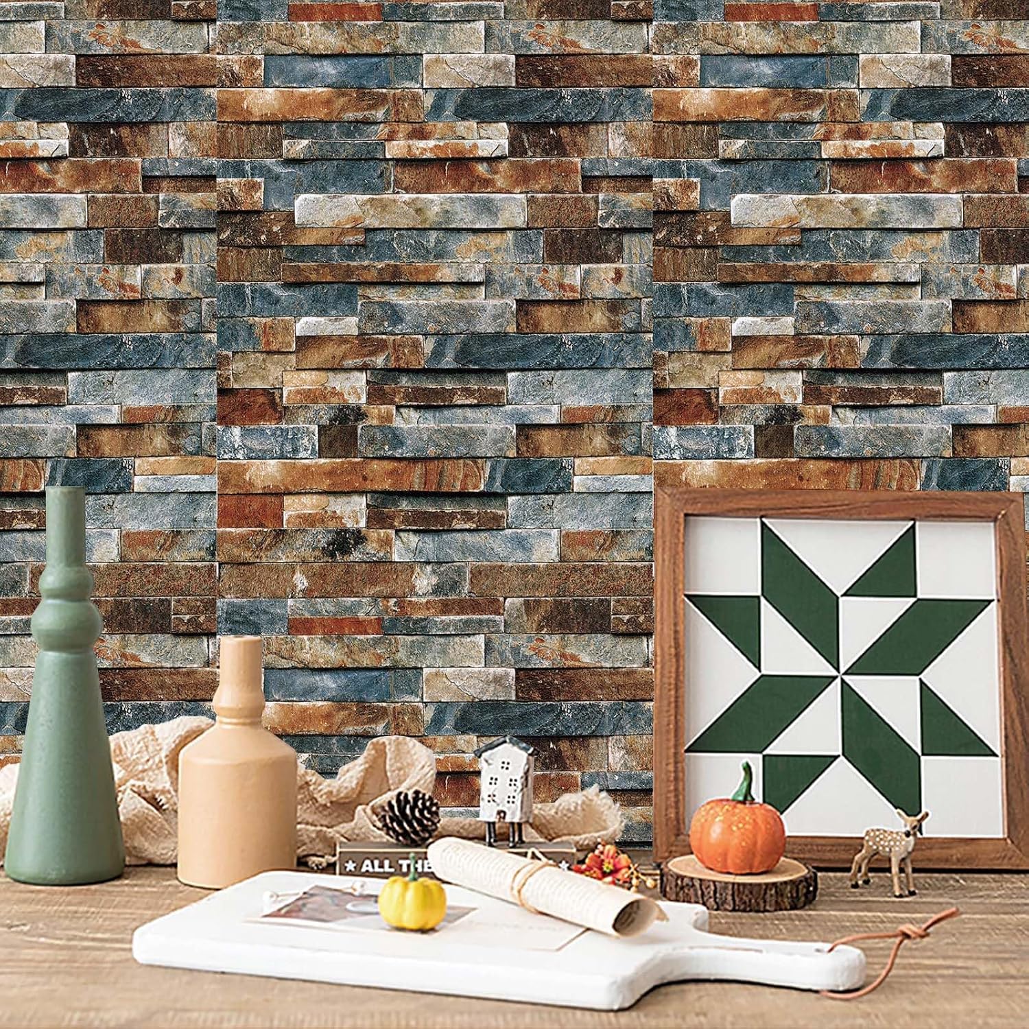 CAX Stone Peel and Stick Wallpaper Faux Stone Wallpaper 17.5" X 480" Brick Contact Paper Self-Adhesive Stones Peel and Stick Wallpapers Rustic Wall Paper for Living Room Kitchen Backsplash Fireplace