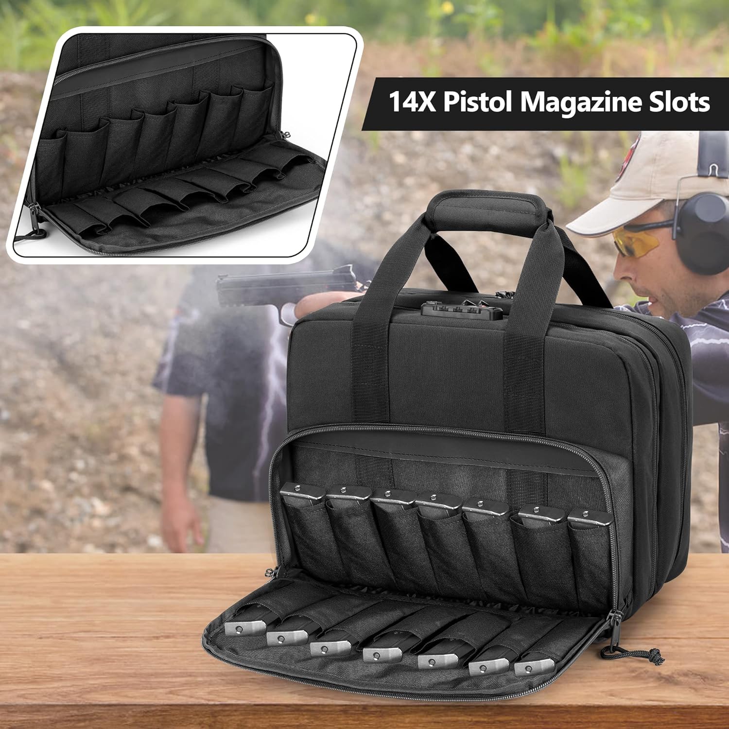 Tactical Gun Range Bag for 4 Handguns and Ammo, Pistol Duffle Bag with TSA Lock and 14x Magazine Slots for Hunting Shooting Range Sport - Image 2