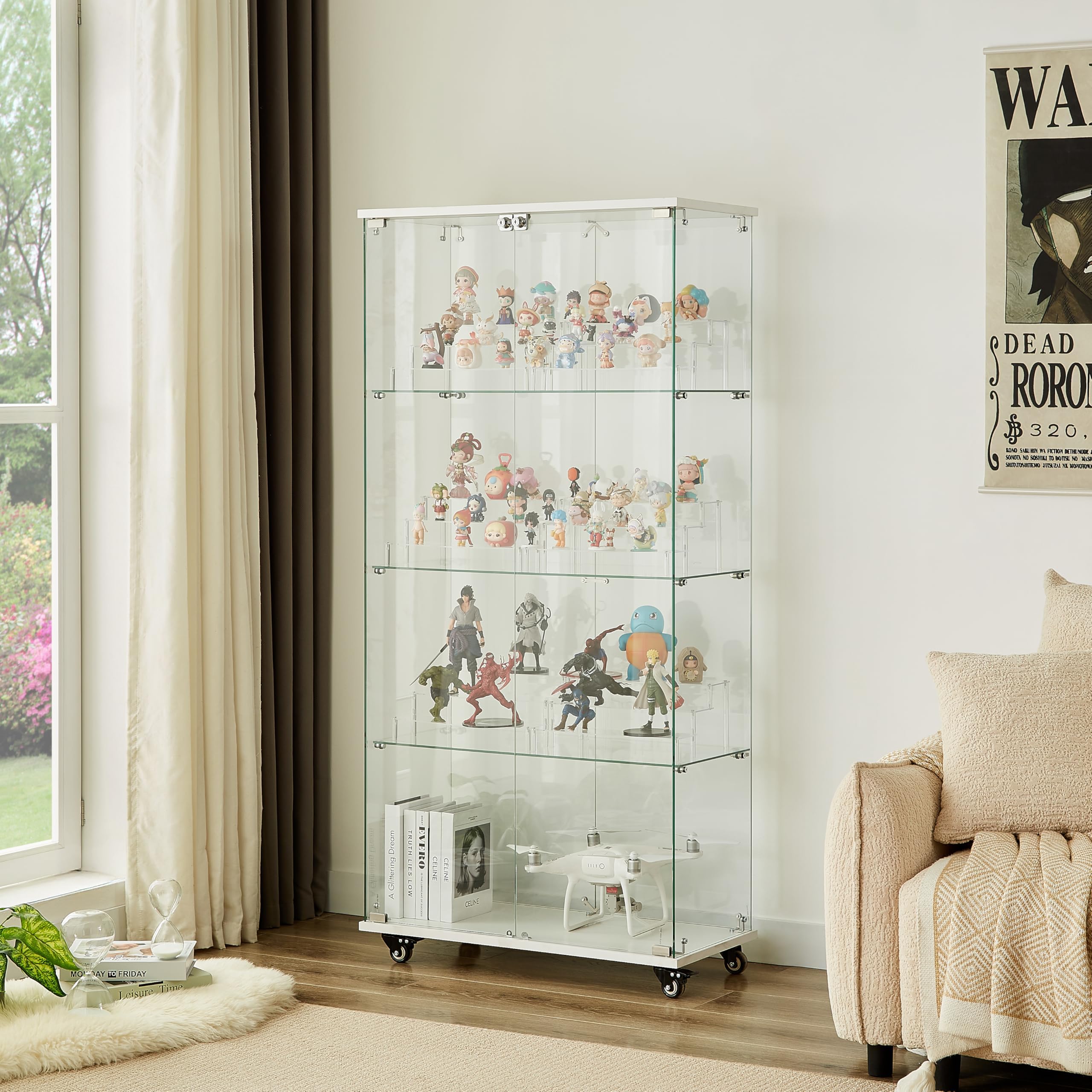 HomVent Glass Display Cabinet Display Case Corner Curio Cabinet, Storage Showcase w/Adjustable Shelves, Tempered Glass Doors for Living Room
