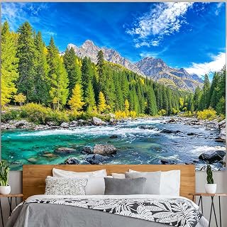 Accnicc Nature Forest Mountain Tapestry Green Pine Tree Wall Tapestry for Bedroom Aesthetic Woods Flowing River Landscape Extra Large Tapestries Wall Hanging for Dorm Living Room Decor 90 x 68 Inch