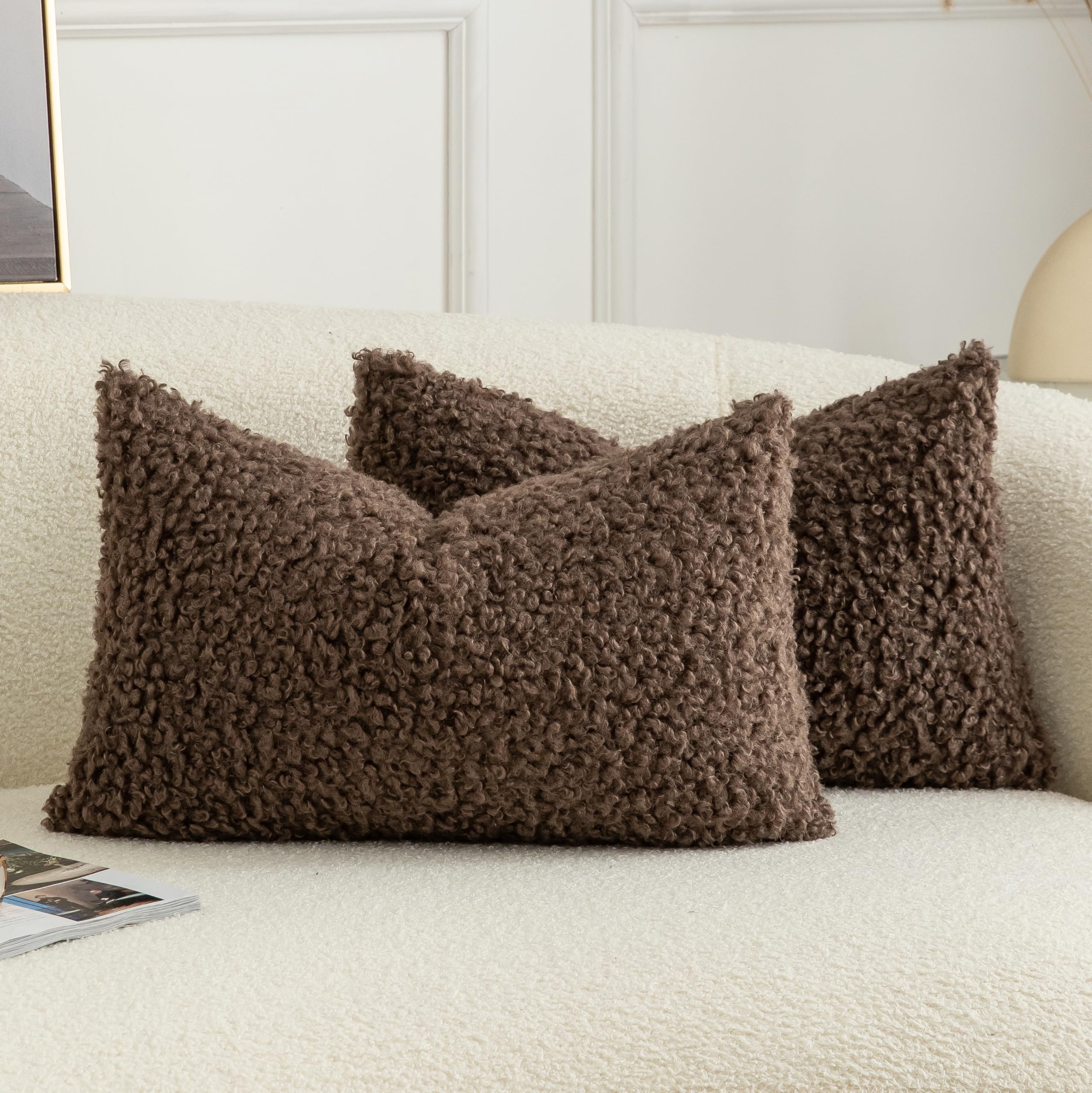 Joyouth Pack of 2 Curly Teddy Wool Faux Fur Cushion Cover Fuzzy Accent Soft Sherpa Pillowcases Sheepskin Fleece Decorative Cushion Case for Sofa Couch Living Room 12x20 Inch Chocolate — image 1