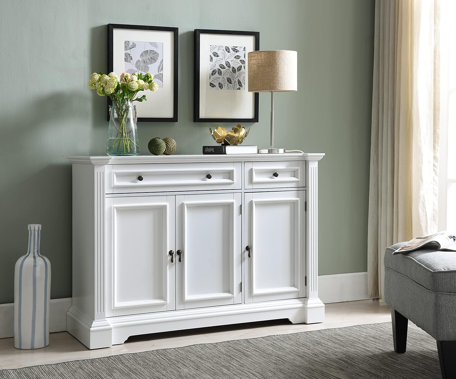 Kings Brand Furniture White Finish Wood Buffet Breakfront Cabinet Console Table With Storage, Drawers, Shelves