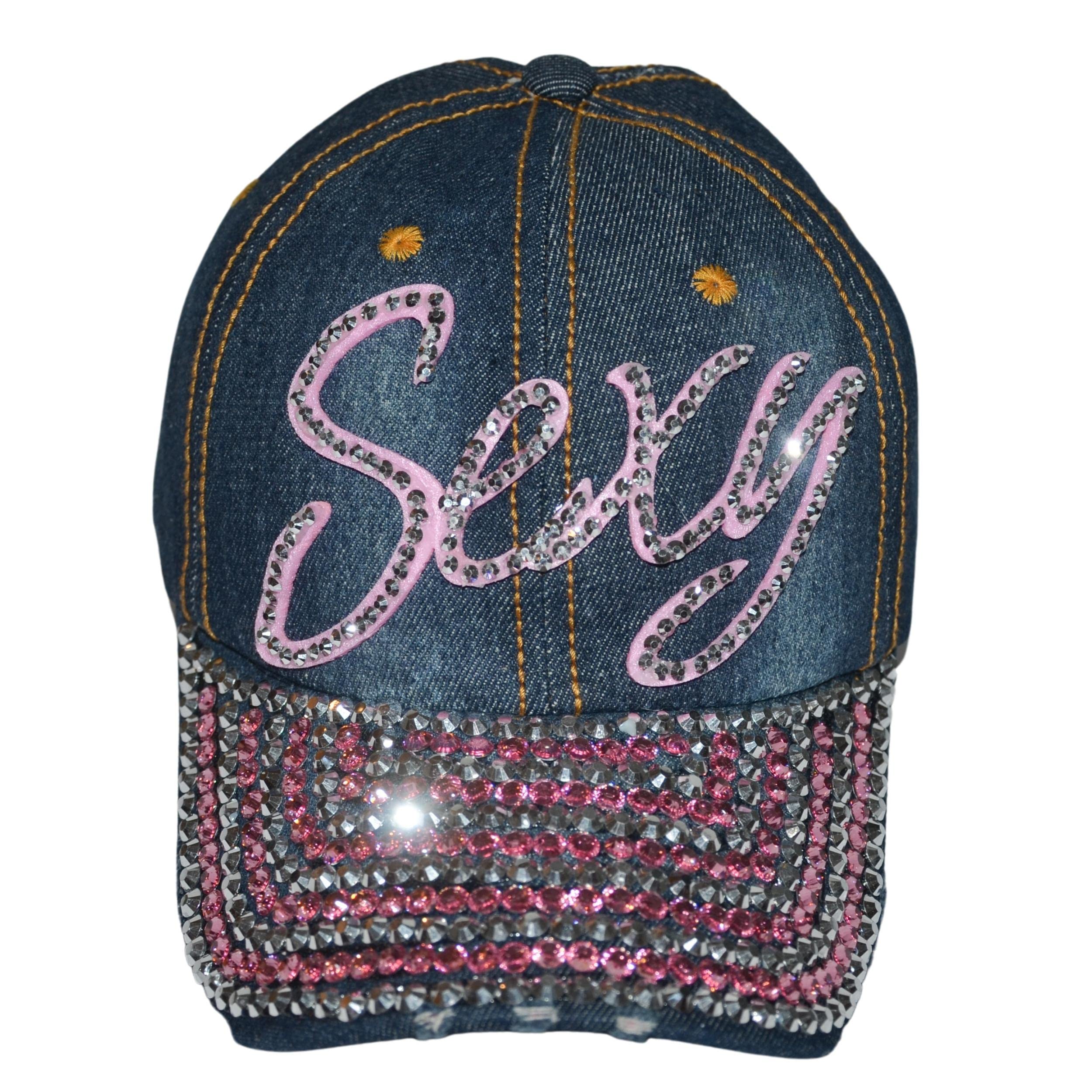 Popfizzy Bling Hat for Women and Girls, Fun Rhinestone Baseball Cap, Bejeweled Distressed Denim Hat, Bling Gifts for Women