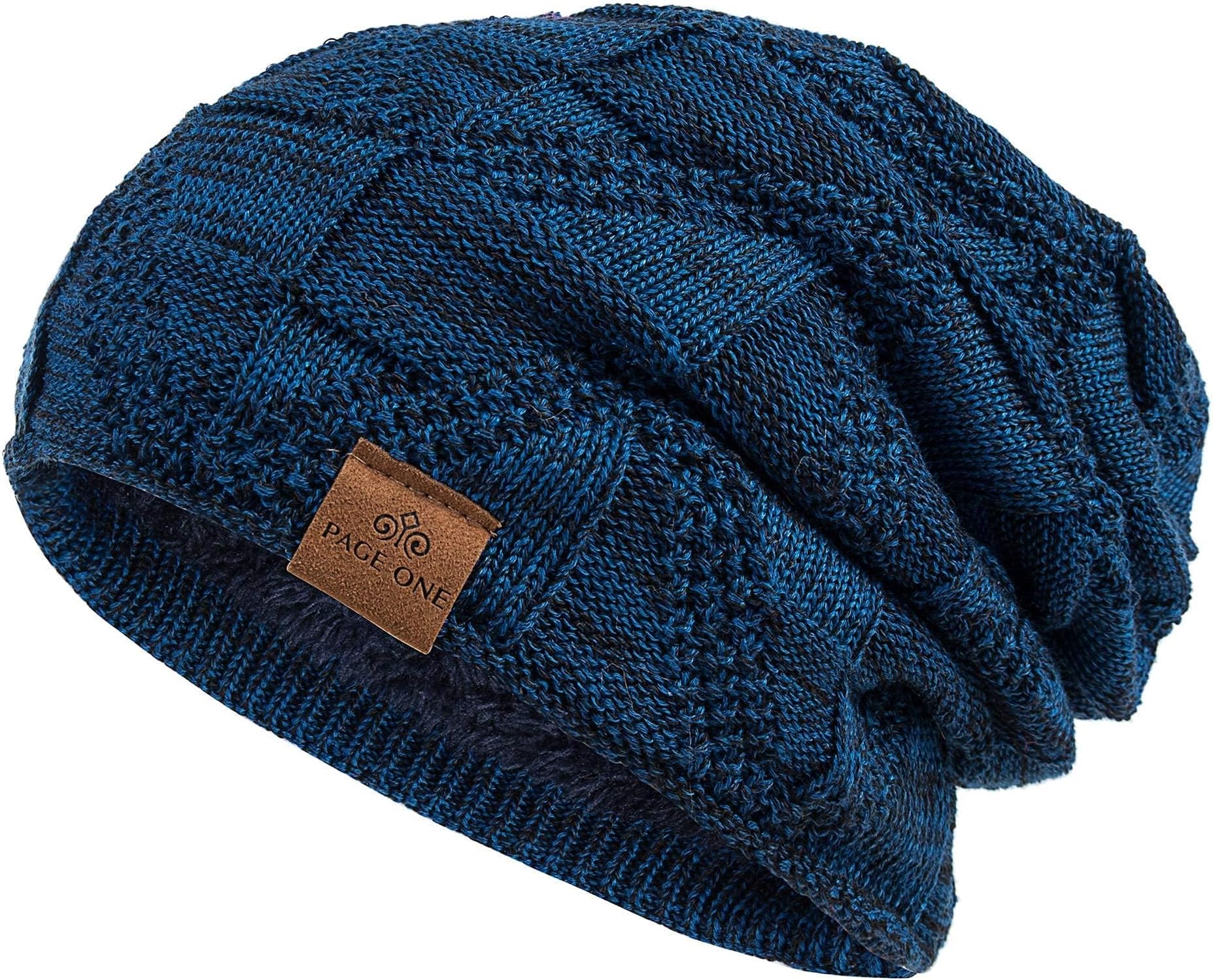 Page ONE Mens Winter Slouchy Beanie Warm Fleece Lined Skull Cap Baggy Cable Knit Hat