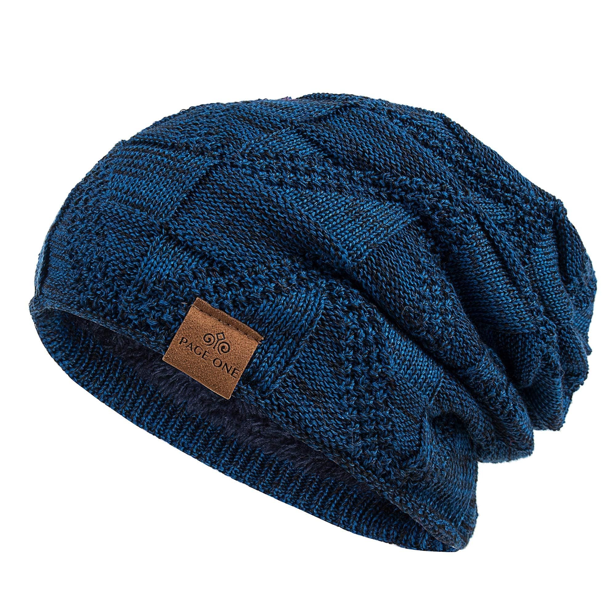 PAGE ONE Mens Winter Slouchy Beanie Warm Fleece Lined Skull Cap Baggy Cable Knit Hat