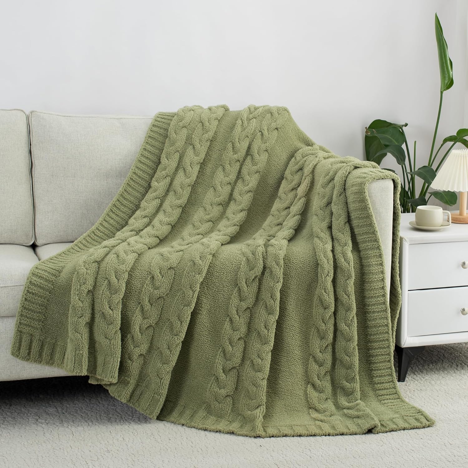 Winter Knit Throw Blanket for Couch Sofa Bed Fluffy Fuzzy Soft Lightweight Cozy Farmhouse Chunky Cable Knitted Throws (Green, 60"x80")