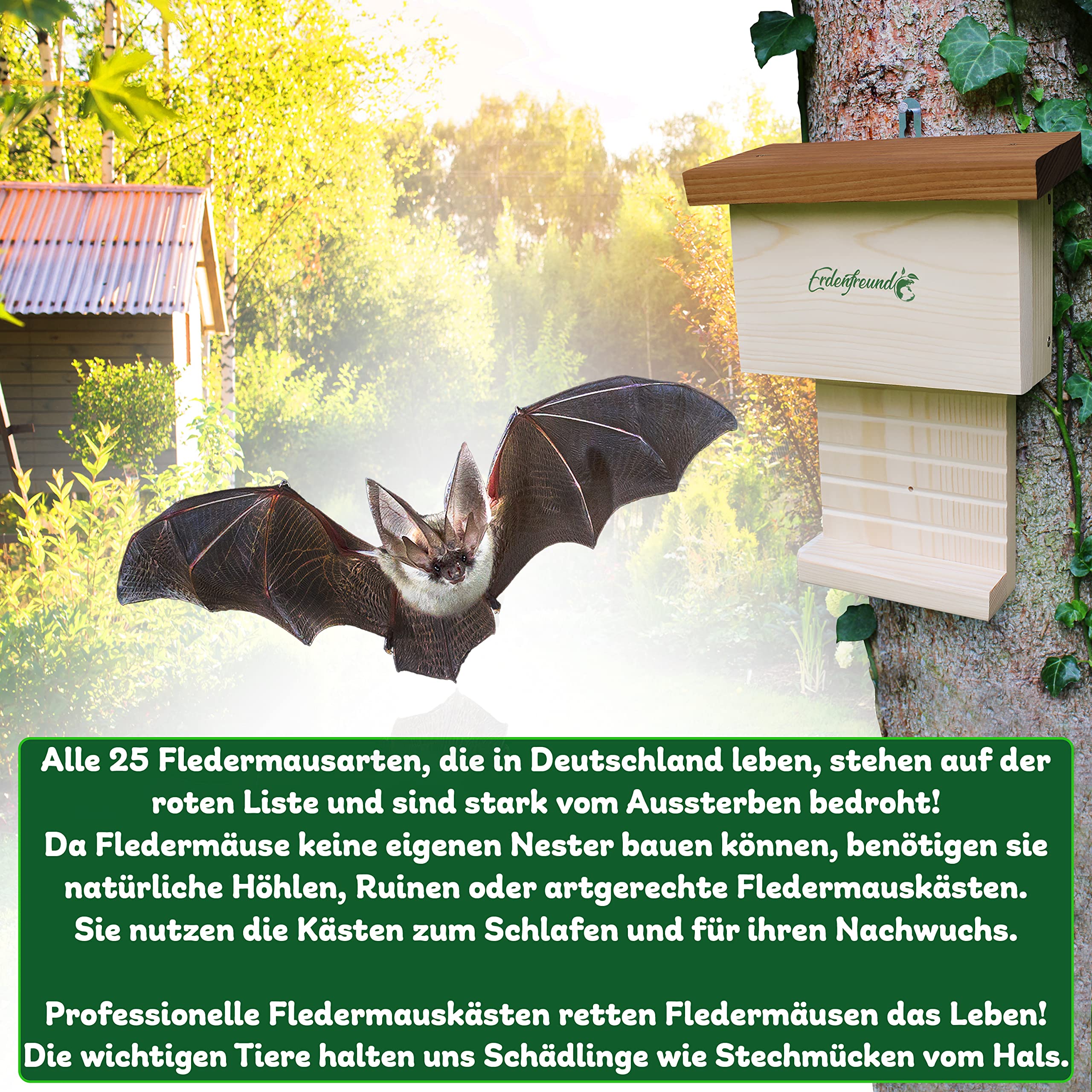 ERDENFREUND® Fledermauskasten handverschraubt 2 cm Massivholz Schlaf-/Nistkasten wetterfest