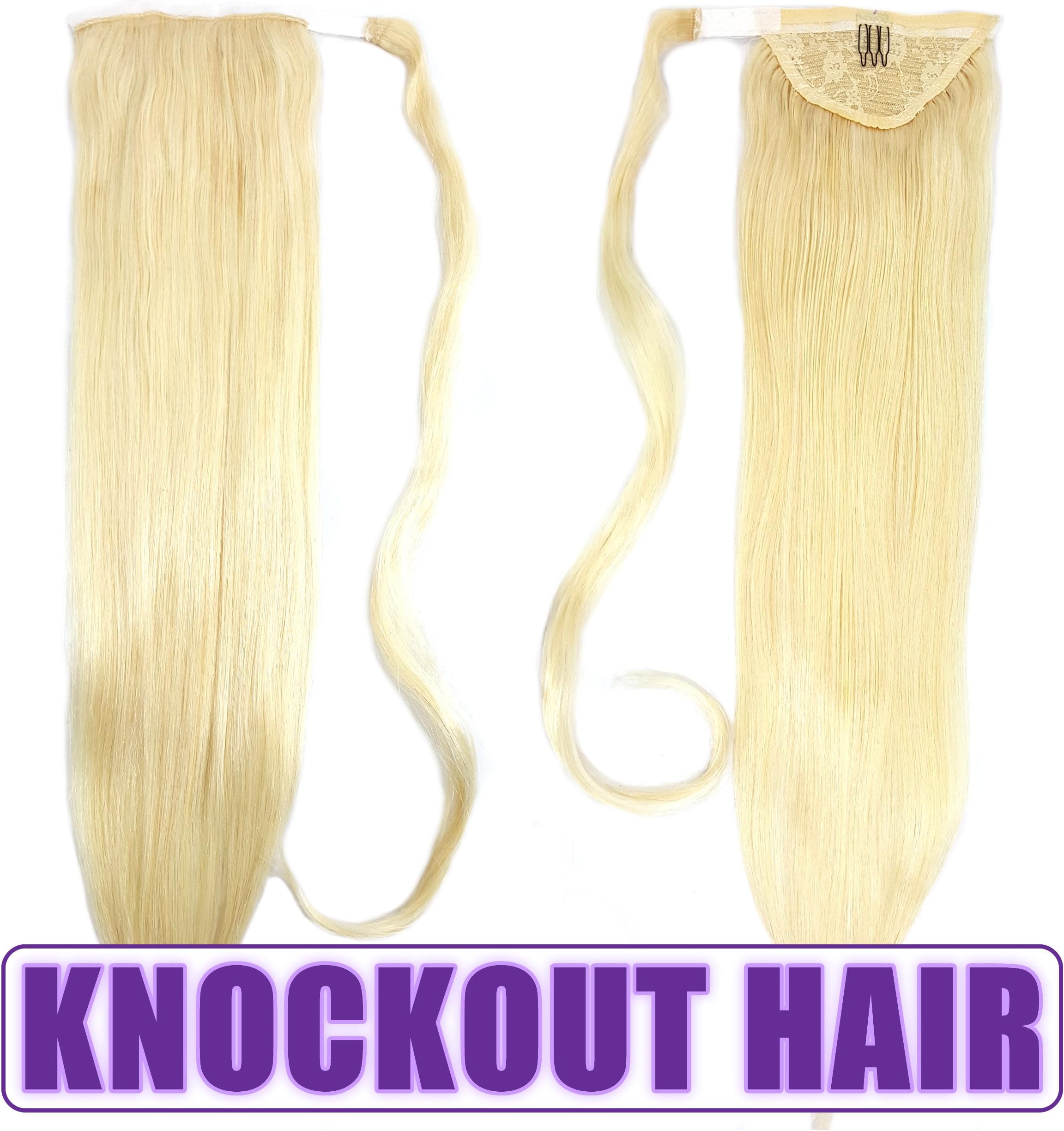 Human Hair Ponytail Extension Wrap 20” 100% Real Remy Premium Grade AAAAA 80 Grams Long Straight Human Hair Silky Soft by Knockout Hair (#60 Lightest Blonde)