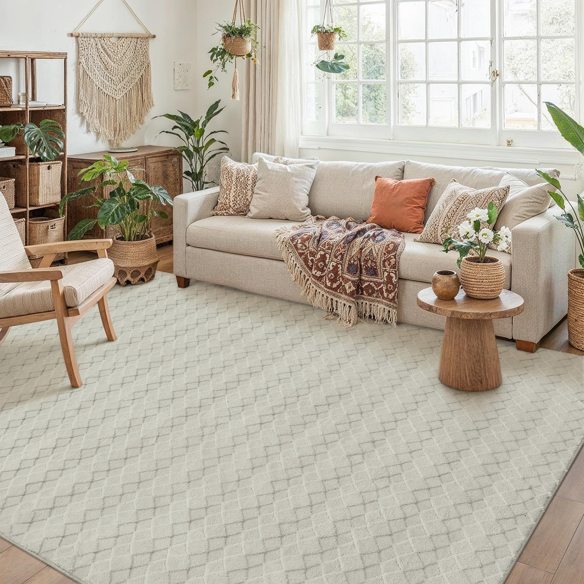 PureCozy Beige Tapis Salon 160x230cm AntidéRapant Lavable en Machine Moderne Rug Moquette Chambre Adulte Salle a Manger Descente de Lit Rugs Boheme 3D Carpet Poil Ras Carpet