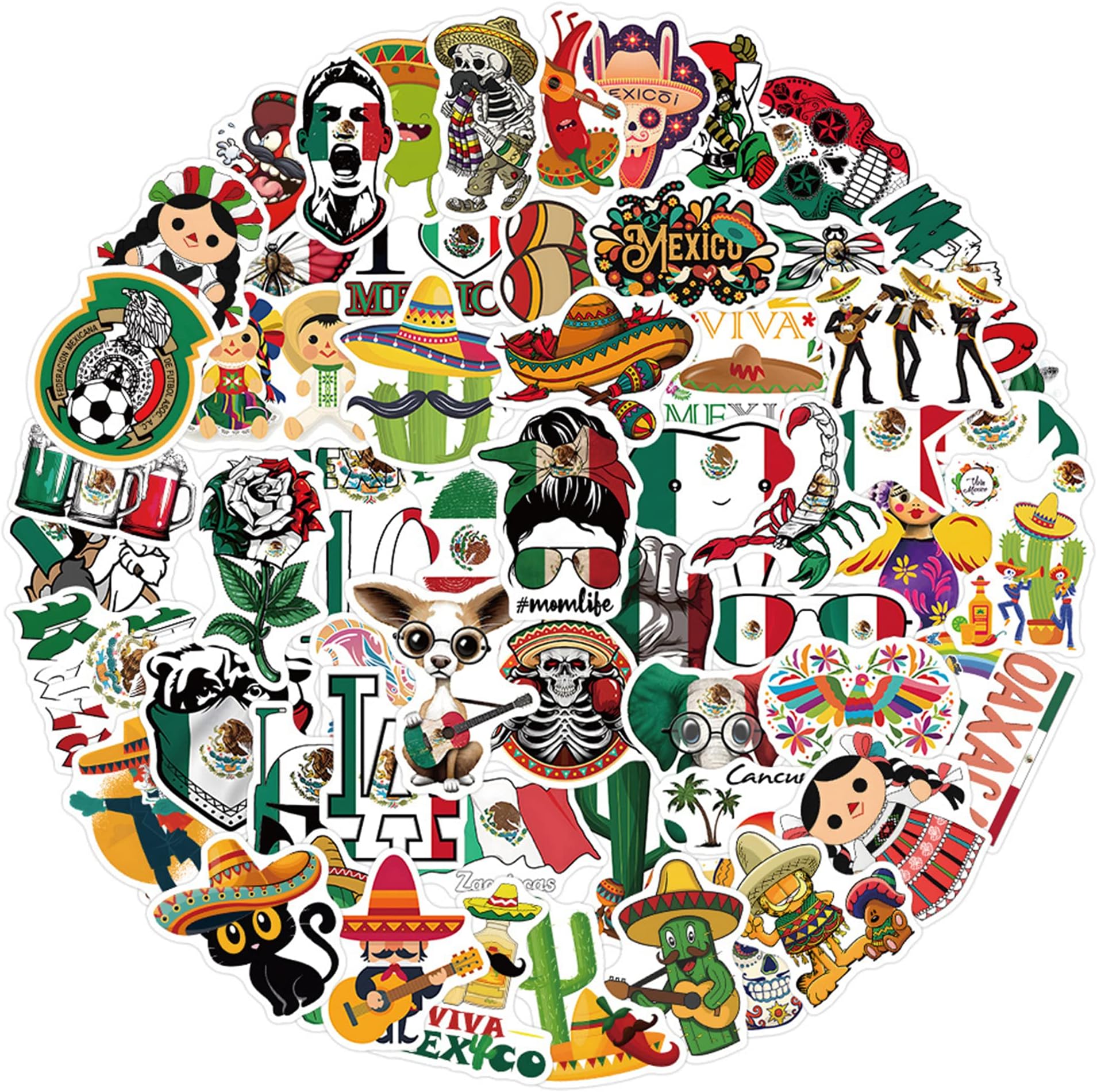 Mexico Folk Custom Stickers, 60PCs, Aesthetic Vinyl Waterproof Decals, Stickers for Hydro Flask, Laptop, Water Bottle, Stickers for Kids, Toddlers, Teens, Girls, Car, Helmet Stickers Mexico