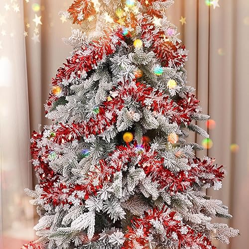 Miniatura 4 de CCINEE Guirnalda de oropel de Navidad de copo de nieve rojo de 32.8 pies, guirnalda metálica de oropel giratorio, decoración de árbol para fiesta,
