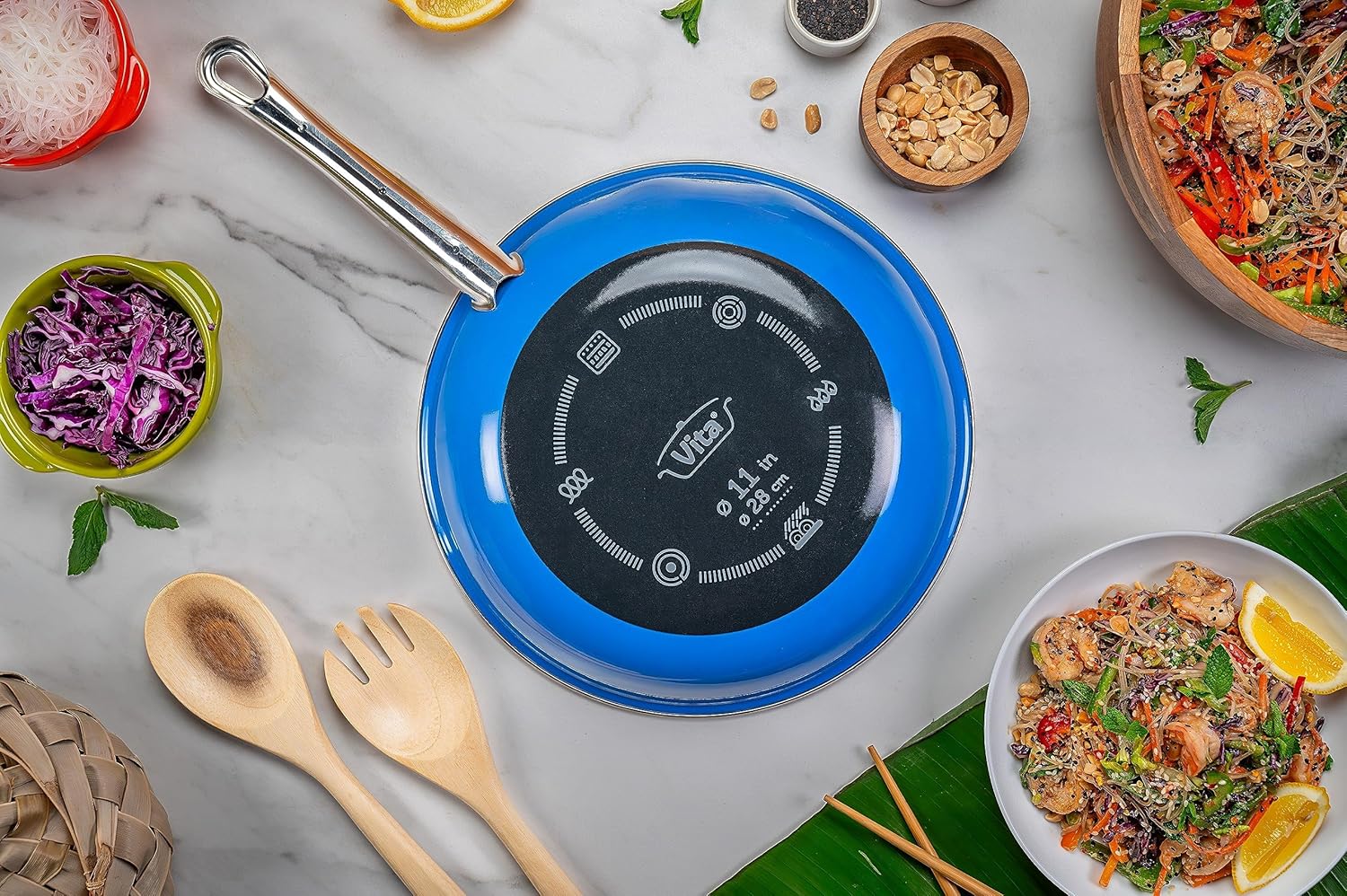 VITA 4-Piece Beginners Set (Blue) for All Stove Tops (Enamel on Steel) - Dishwasher & Oven Safe - Quick & Even Heat Distribution - Non Stick Pan & Enameled Interior Pot, Non-Reactive & Easy to clean