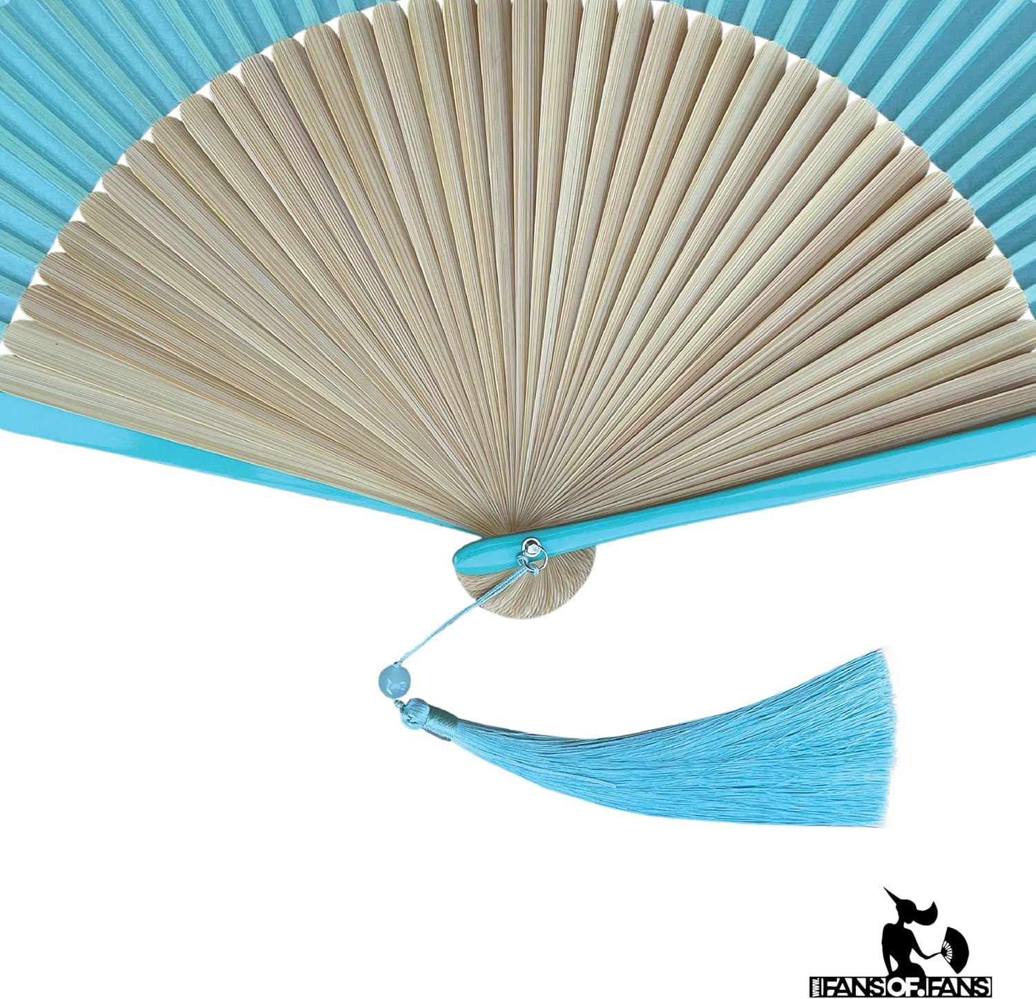 FANSOF.FANS Premium Floral Silk Fabric Border Handheld Folding Fan with Grade A Bamboo Ribs for Women Girls Event Birthday Wedding Favour with Tassel (Simple Border - Turquoise)