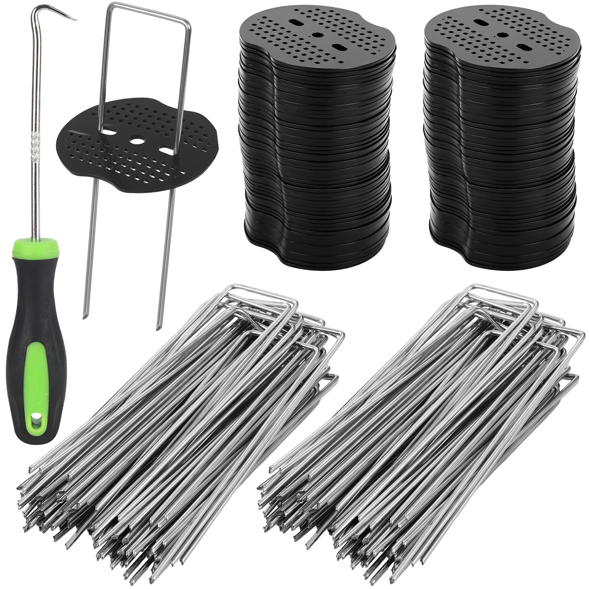 100 pcs Piquets de Jardin avec 100 Rondelle et Crochets à Outils Sardines de Fixation Garden Pegs pour la Pelouse, Le Jardin,la Fixation de Tuyaux 150x40mm Ø 2.5mm (201)