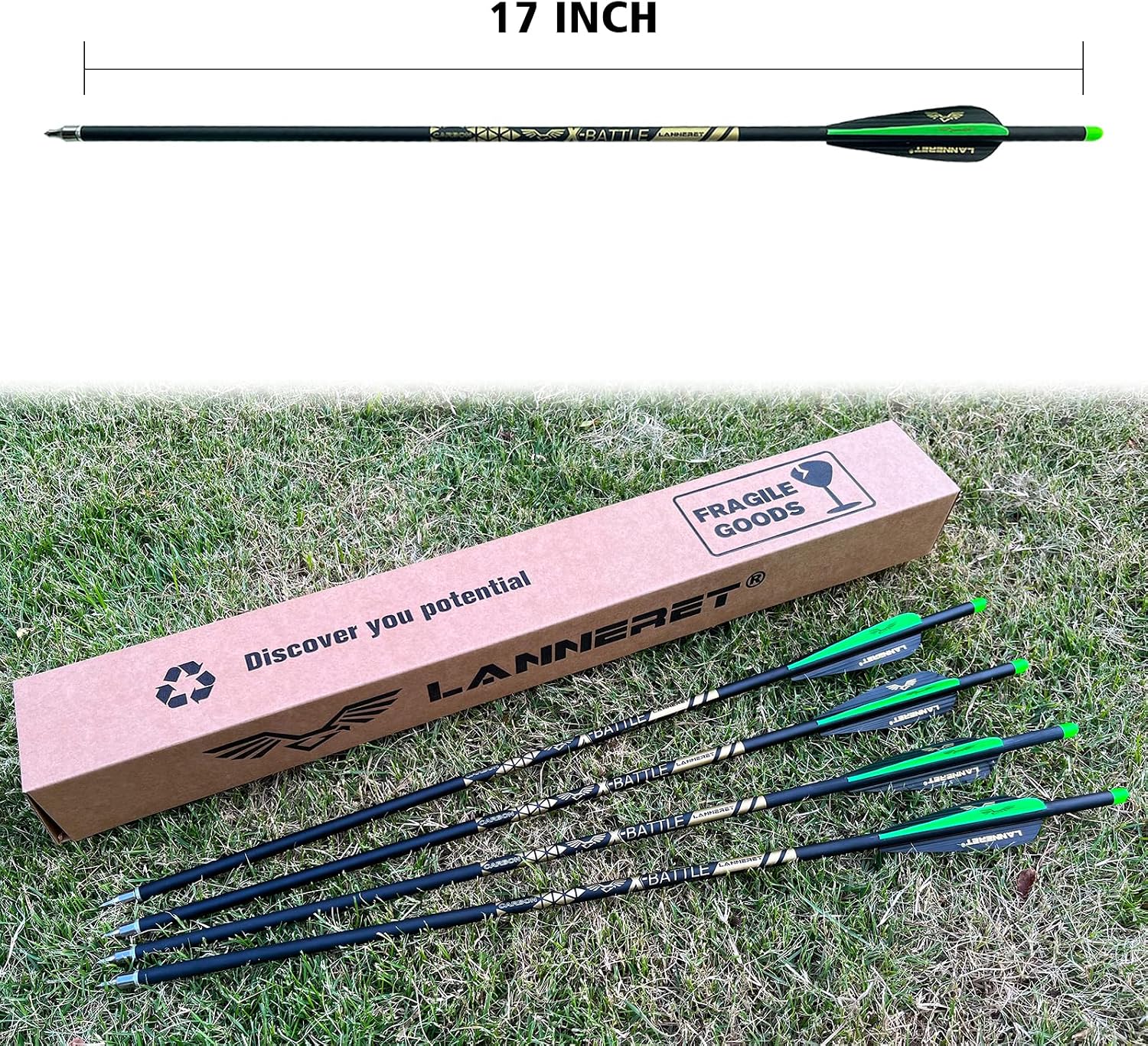 Lanneret Carbon Crossbow Bolts 17，20，22Inch Arrows Bolt Crossbolt Fletched 4 Inch Vane with Field Point (Pack of12) Black