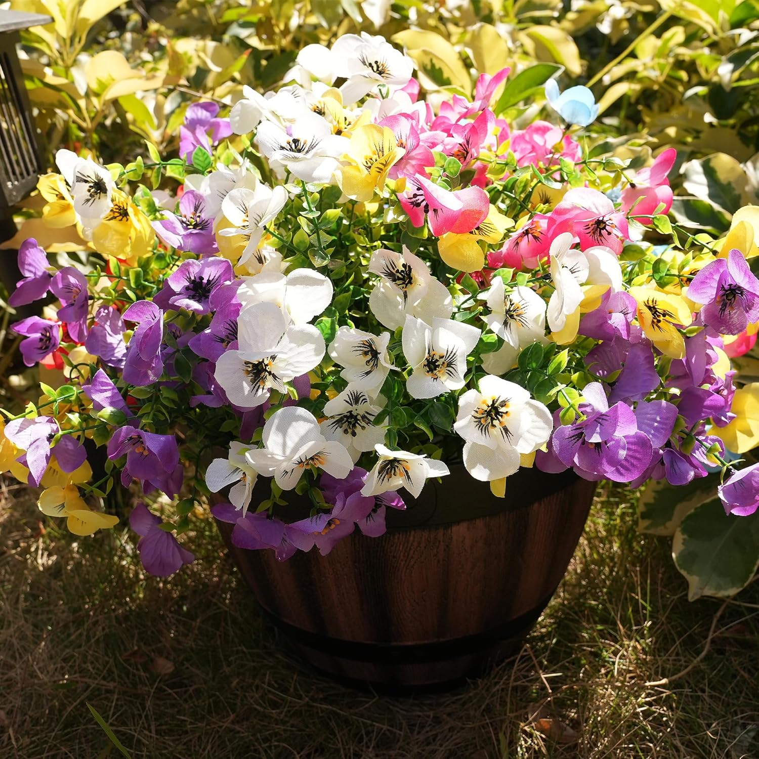Artificial Flowers for Outdoor, UV Resistant Fake Silk Pansies Flowers, Realistic Faux Plants for Outside Indoor Porch Patio Window Box Planter Home Decor (16, Yellow Purple White Red)