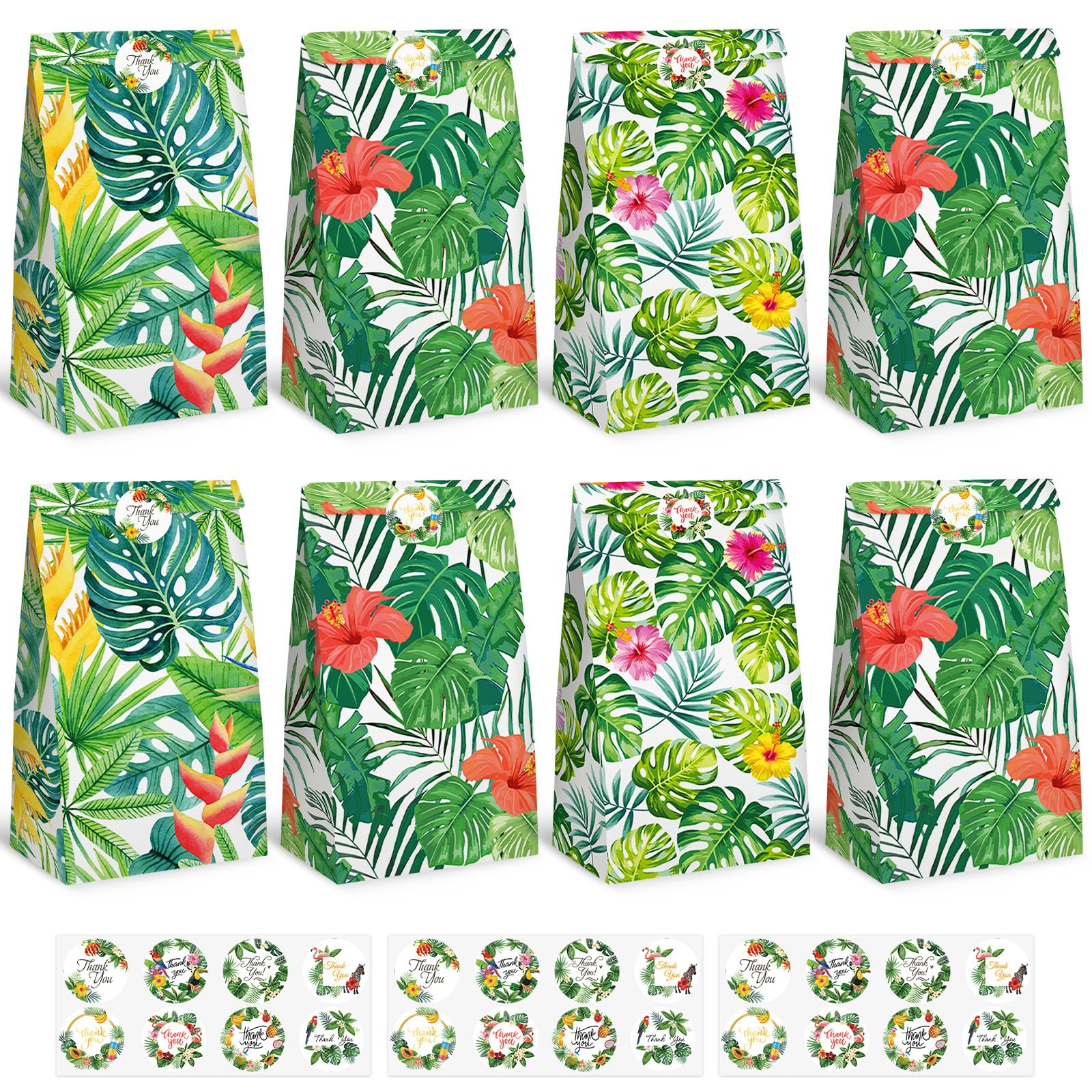 Shindel 24 Pack Party Favor Bags with Stickers, 4.7x3.1x8.7 Inch Tropical Hawaii Theme Gift Bags for Beach Luau Aloha Parties, Birthday Favors Candy Treat Bulk Supplies