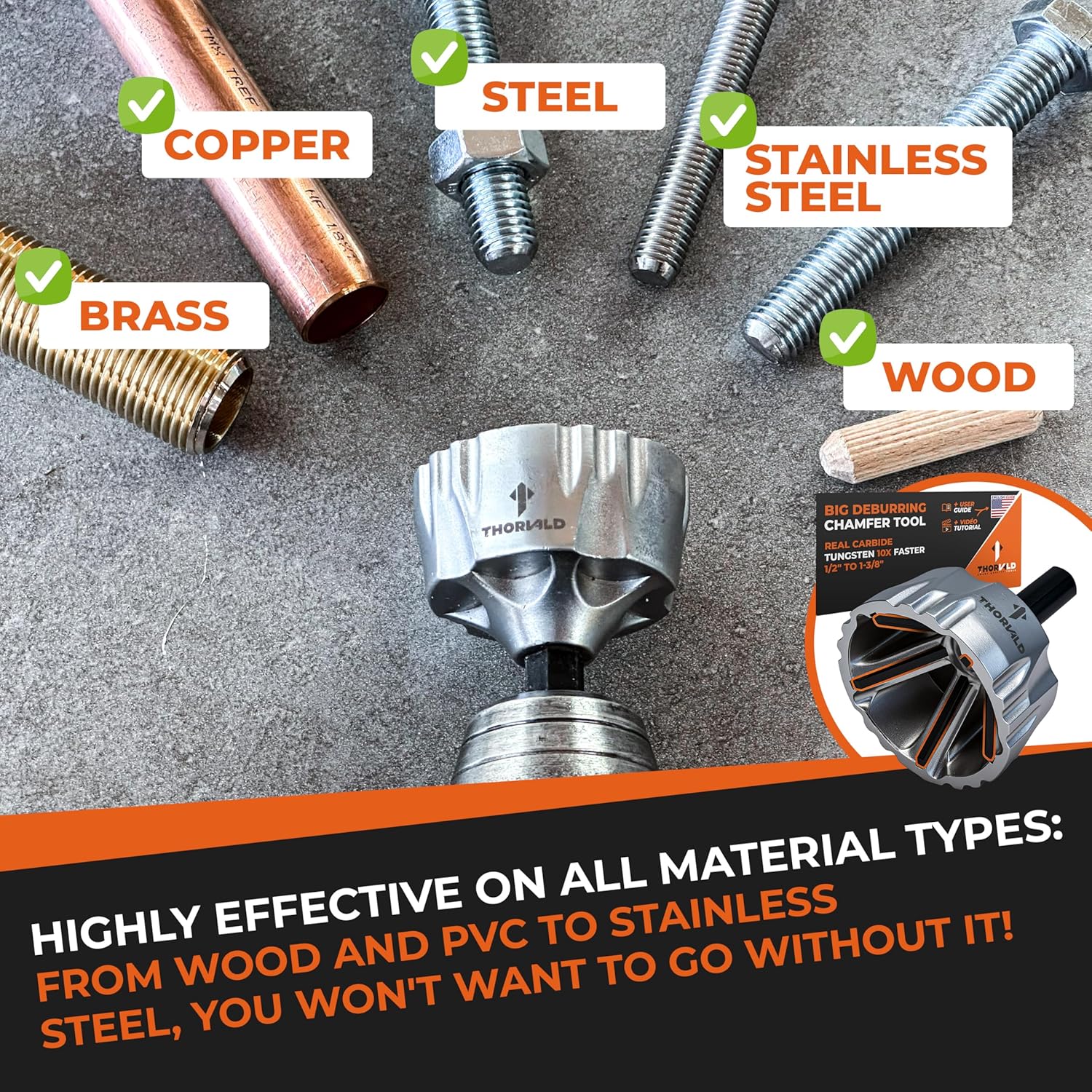 THORVALD Big Deburring External Chamfer Tool with Tungsten Carbide Blade - Deburr Tool for All Thread, All Metal Rod, Pipe, PVC - 1/2" to 1-3/8" Diameter (12~35mm) - User Guide + Tutorial Video