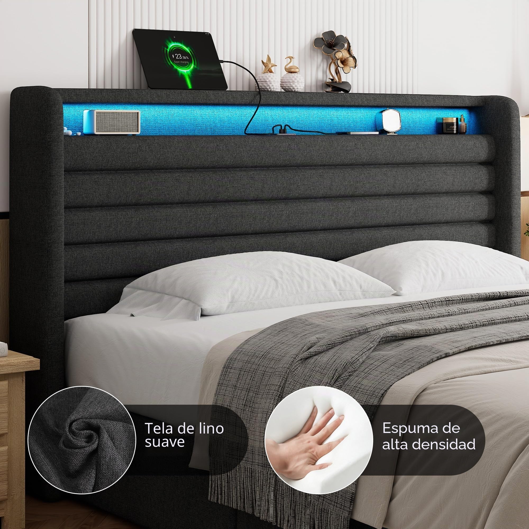 FEONASE Cama 160x200 cm con Almacenamiento, Tapizada, LED y Carga, Cabecero Hidráulico de Lino