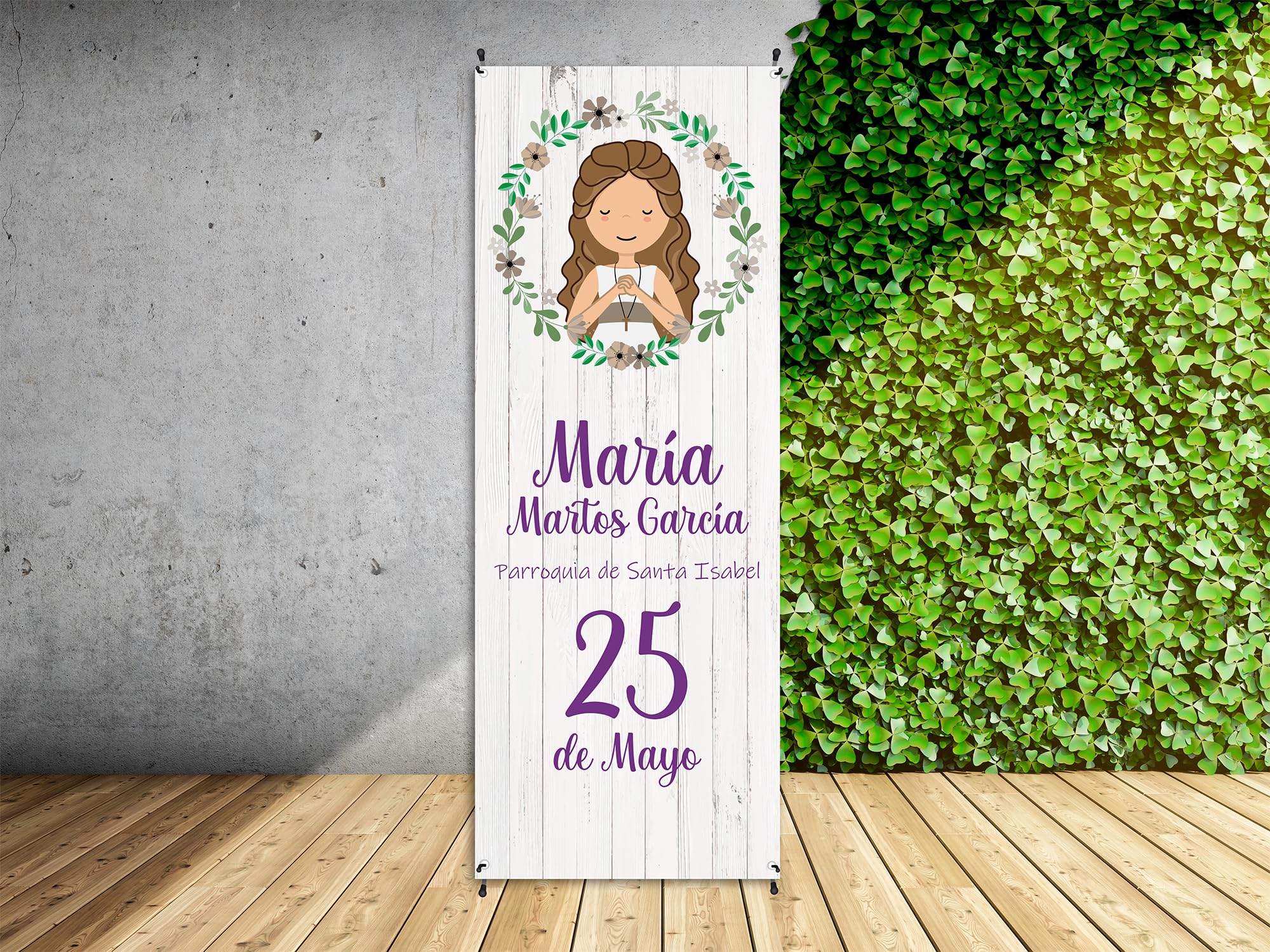 Oedim Xbanner Comunion Personalizada Imitacion Madera, 80x180cm, Fabricado en Lona con Soporte X Banner, Expositor Publicitario Desmontable
