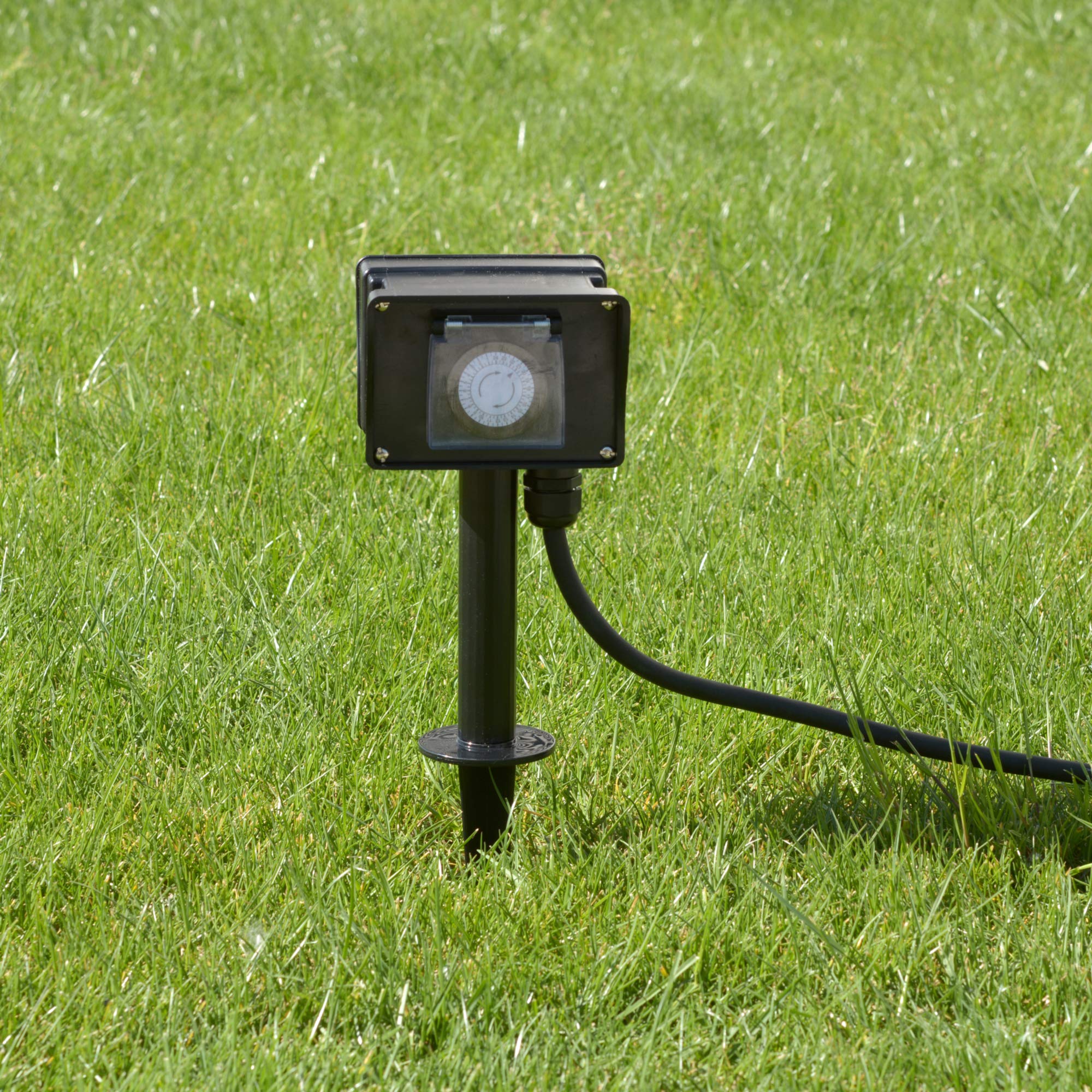 Gartenspieß Steckdose mit 2 Schuko Steckdosen & Zeitschaltuhr IP44 - Steckdosenverteiler Aussen mit Erdspieß & 10m Zuleitung
