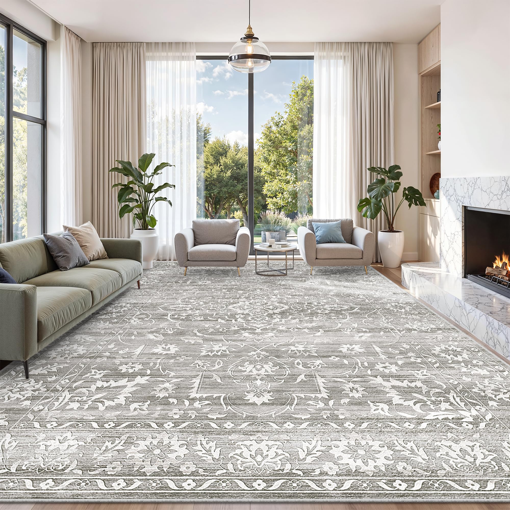 Soalmost Living Room 10x14 Area Rugs, Washable Low Pile Non-Slip Stain Resistant Extra Large Thin Rug, Vintage Soft Throw Carpet for Dining Room