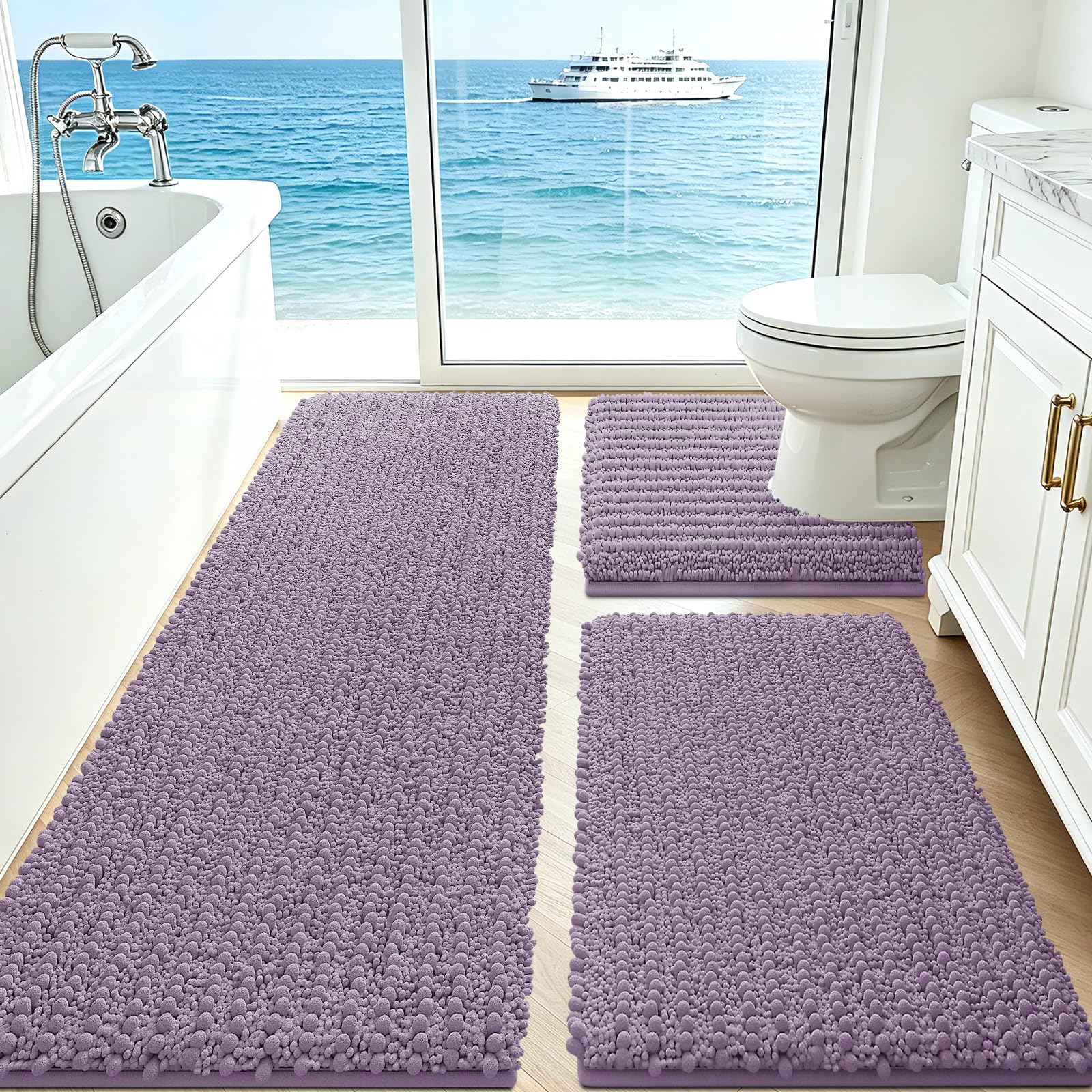 ACCUMTEK Upgrade Extra Large Lavender Bathroom Rug Set 3 Pieces Ultra Soft, Thick Absorbent Bath Mats, Non Slip Chenille Toilet Mat for Bathroom, Bedroom, Kitchen