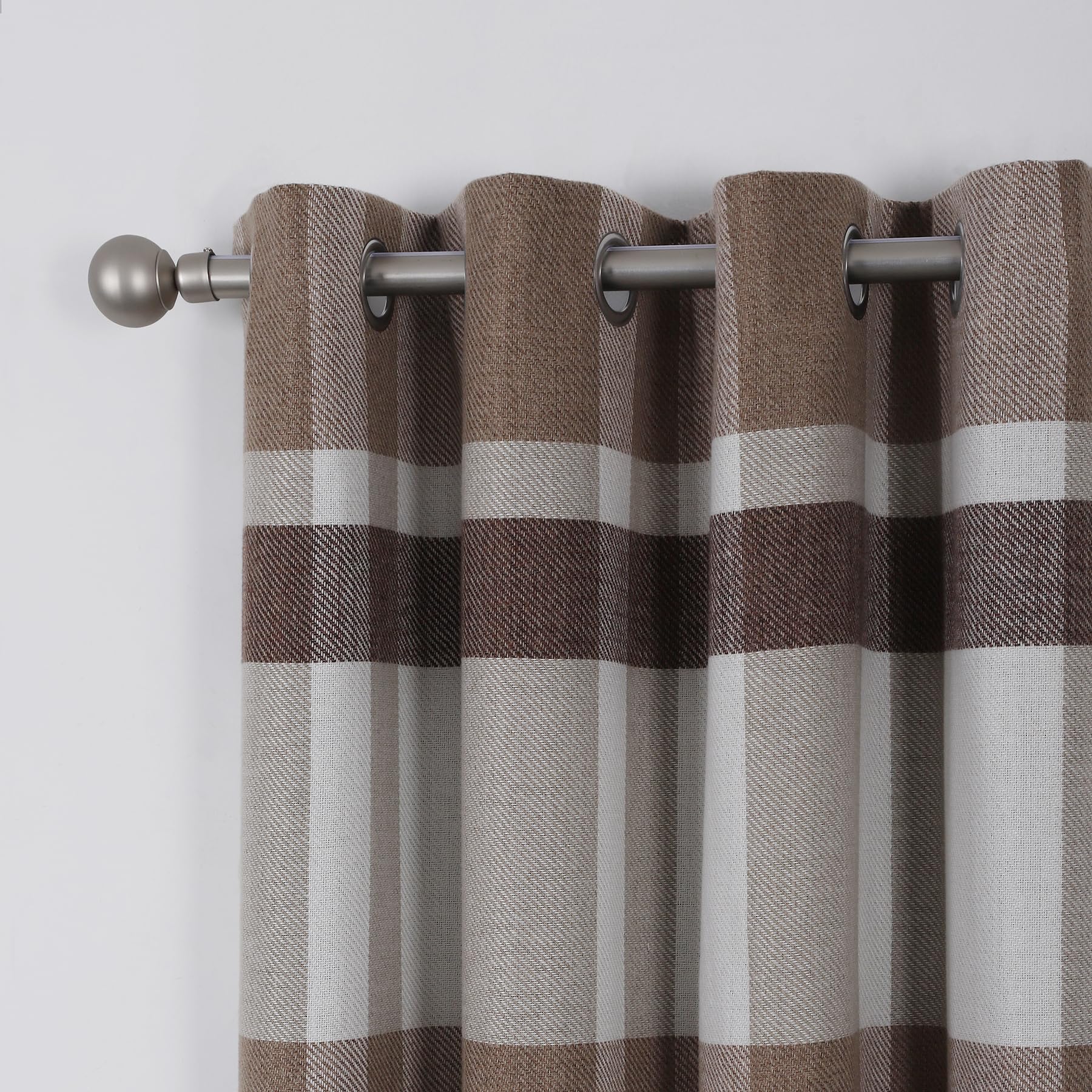 always4u 100% Blackout Curtains Check Eyelet Bedroom Tartan Curtain Plaid Woven Brushed Cheque Pair of Highland Woolen Look Window Treatment for Living Room Brown 46 * 90 Inches - Image 3