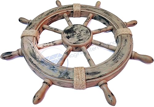 Miniatura 2 de Nagina International Rueda náutica marrón rústico antiguo de 24 pulgadas Lujosa decoración náutica prémium