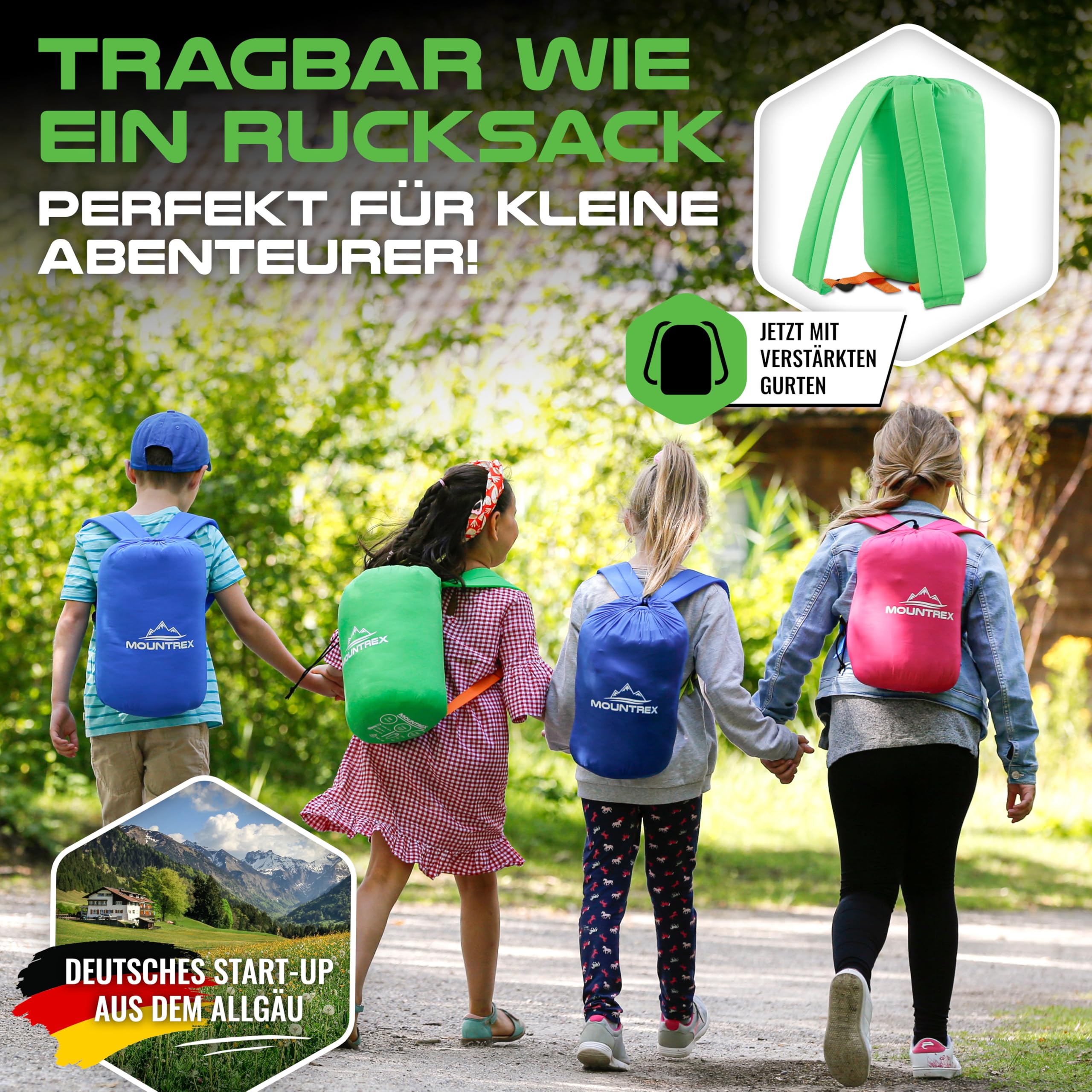 MOUNTREX Śpiwór dziecięcy – śpiwór dla dzieci, 100% bawełniana wyściółka wewnętrzna | Śpiwór typu mumia (175 × 70 cm), 5 do 15°C – lekki, mały rozmiar po spakowaniu i przenośny jak plecak