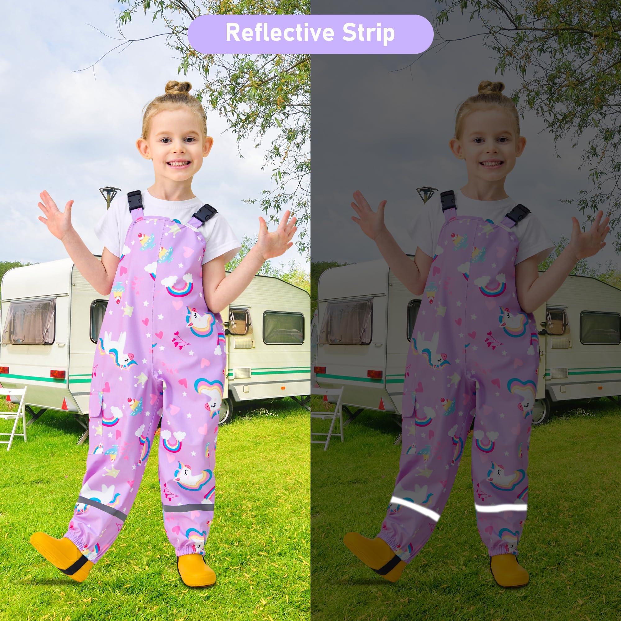 Salopette de Pluie Imperméable pour Enfants, Garçons Fille Non doublée Pantalon Coupe-Vent et imperméable Pluie, Tout-Petits Anti-Boue Léger Pantalon avec Réfléchissant pour 2-7 Ans