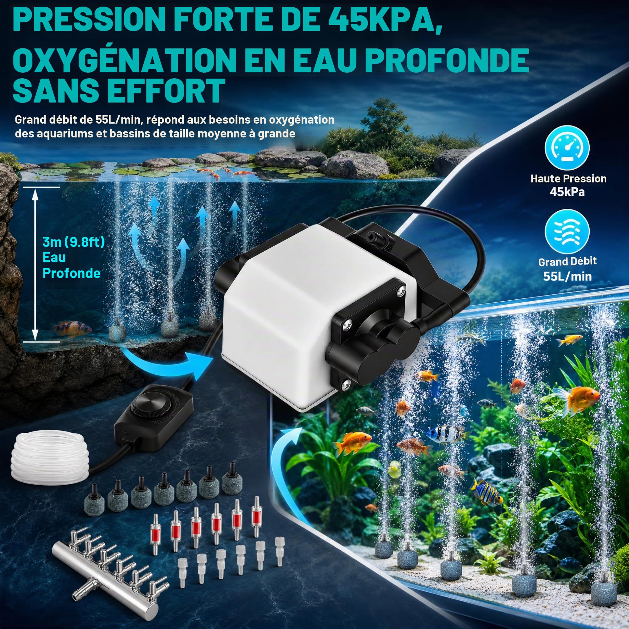 25W Pompe à Air Aquarium avec 6 Sorties, Pompe à Air Bassin Silencieuse Jusqu‘à 3300L/H, Aérateur de Bassin Réglable pour Grand Aquarium, Bassin de Jardin & Hydroculture, Pompe à Oxygène Puissante