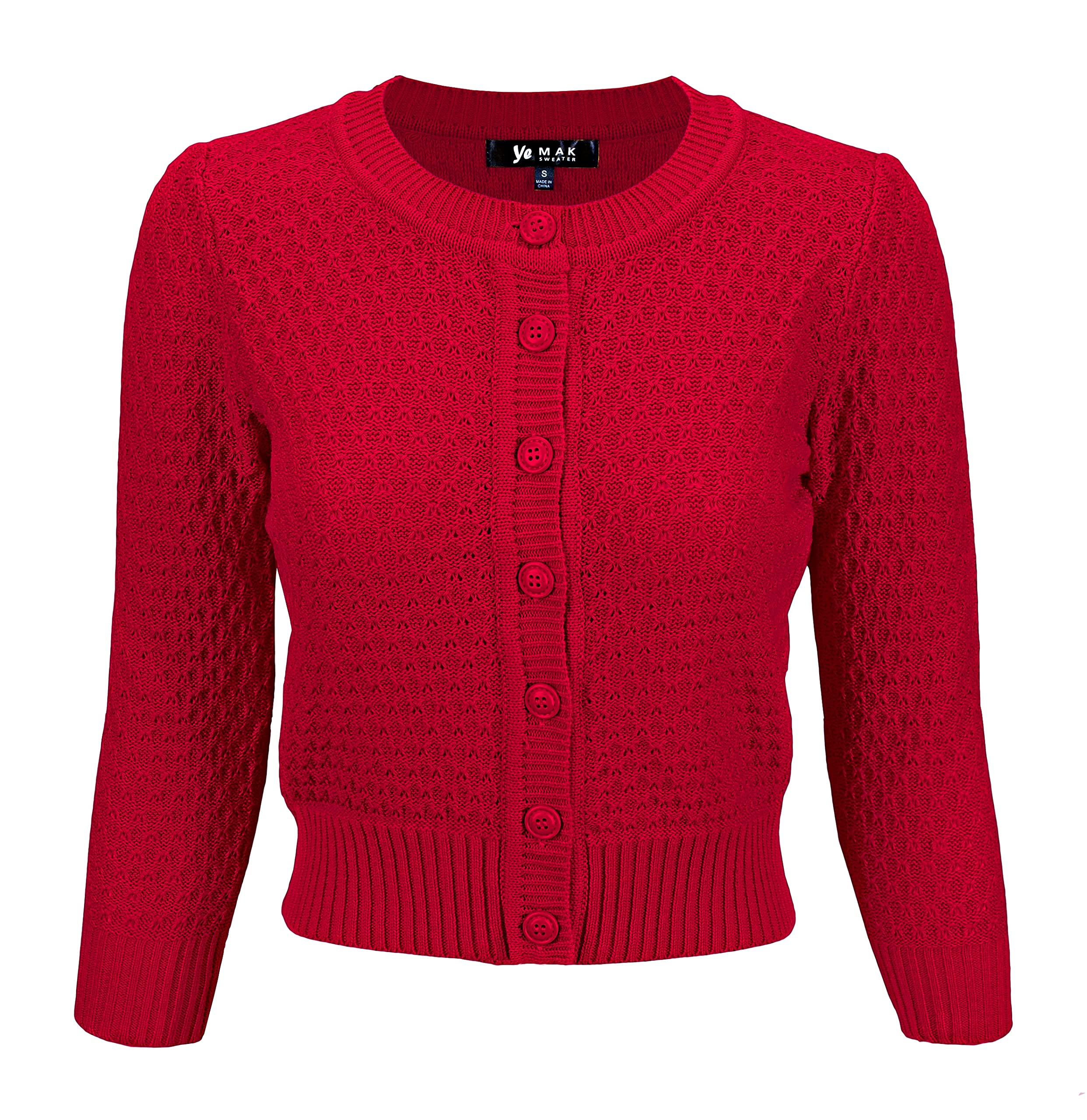 YEMAK Womens Cropped Cardigan Sweater 3 4 Sleeve Crewneck Basic Classic Casual Button Down Soft Crochet Knit Top
