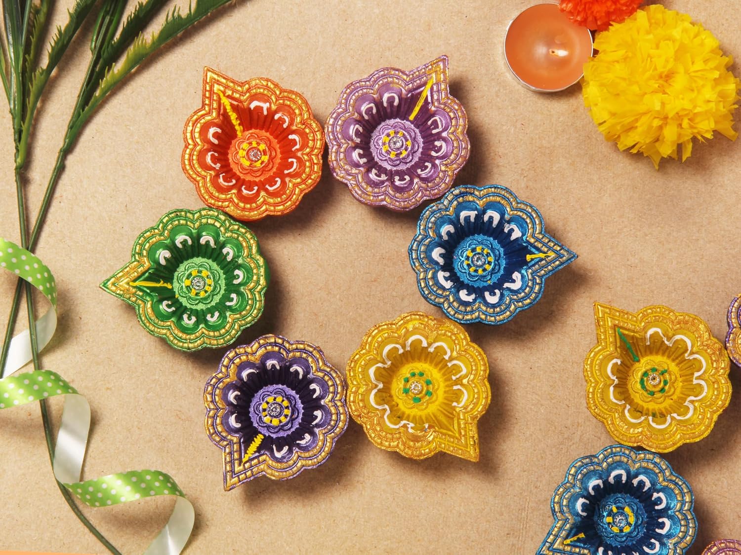 Handmade Terracoaat Set of 12 Multicolor Clay Diya for Diwali/Navratri Decorations Oil Lamp Diya Tea Light Holder Indian Decor Festival Gifts Puja Items-01DA (Multi)