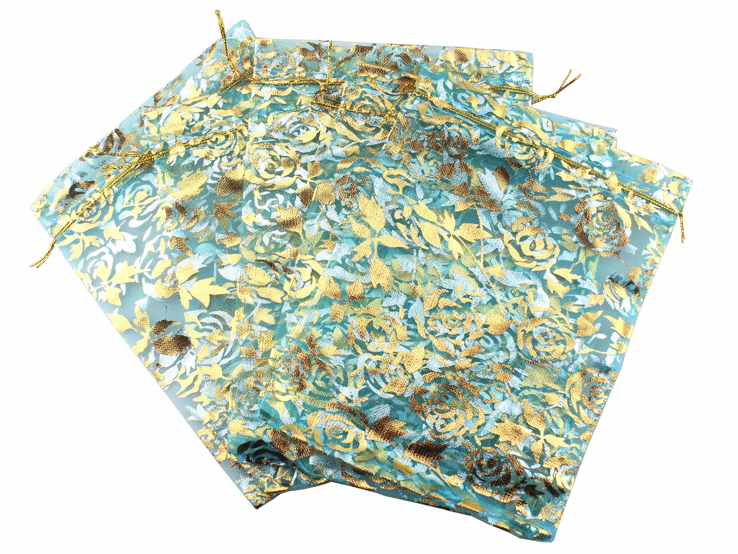 4 x 6 Inch 100 Flower Organza Jewelry Gift Pouch Candy Pouch Heart Drawstring Wedding Favor Bags XHSD211015100X (Turquoise Flower)