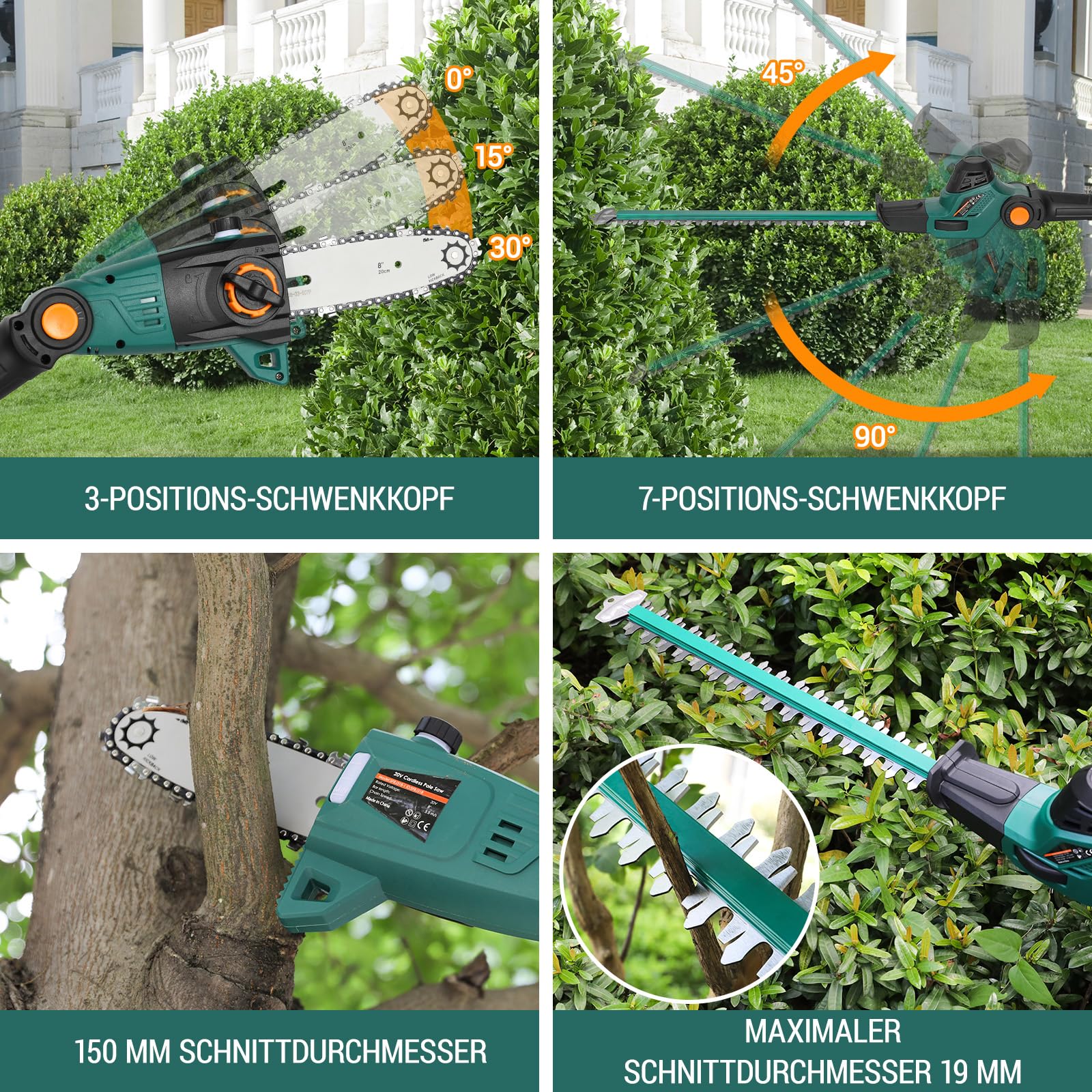 TLGREEN 2-in-1 Akku Teleskop Heckenschere & Hochentaster für Rasenkanten Rasen Unkraut Hohe Hecken Dicke Äste, mit 20V 4,0Ah Li-Ion Akku/Ladegerät, Verstellbarer Schnittwinkel, 3m, Sicherheit