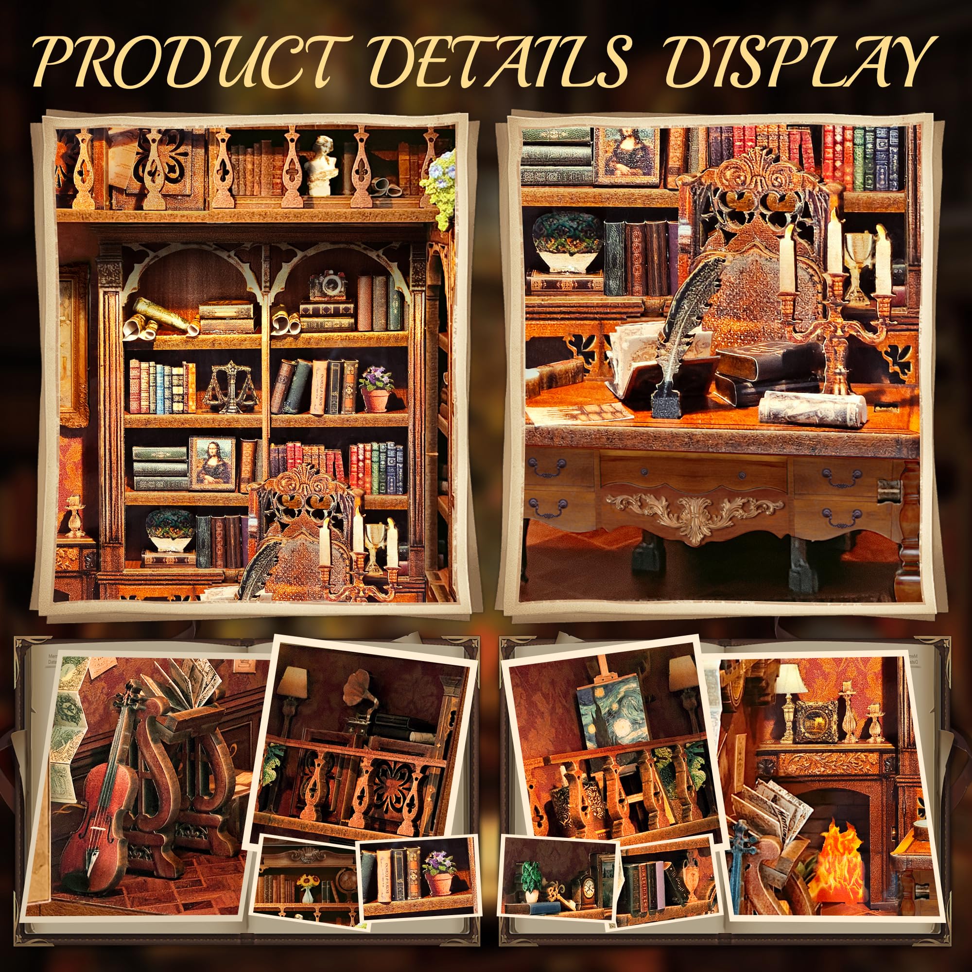 Book Nook Kit per Adulti - puzle 3D in Legno Biblioteca Magica Inserto per librena Decorativo con protezione Antipolvere e luce lED - Kit Casa Miniatura fai da Te per Adulti - Regalo Creativo per Am - 5