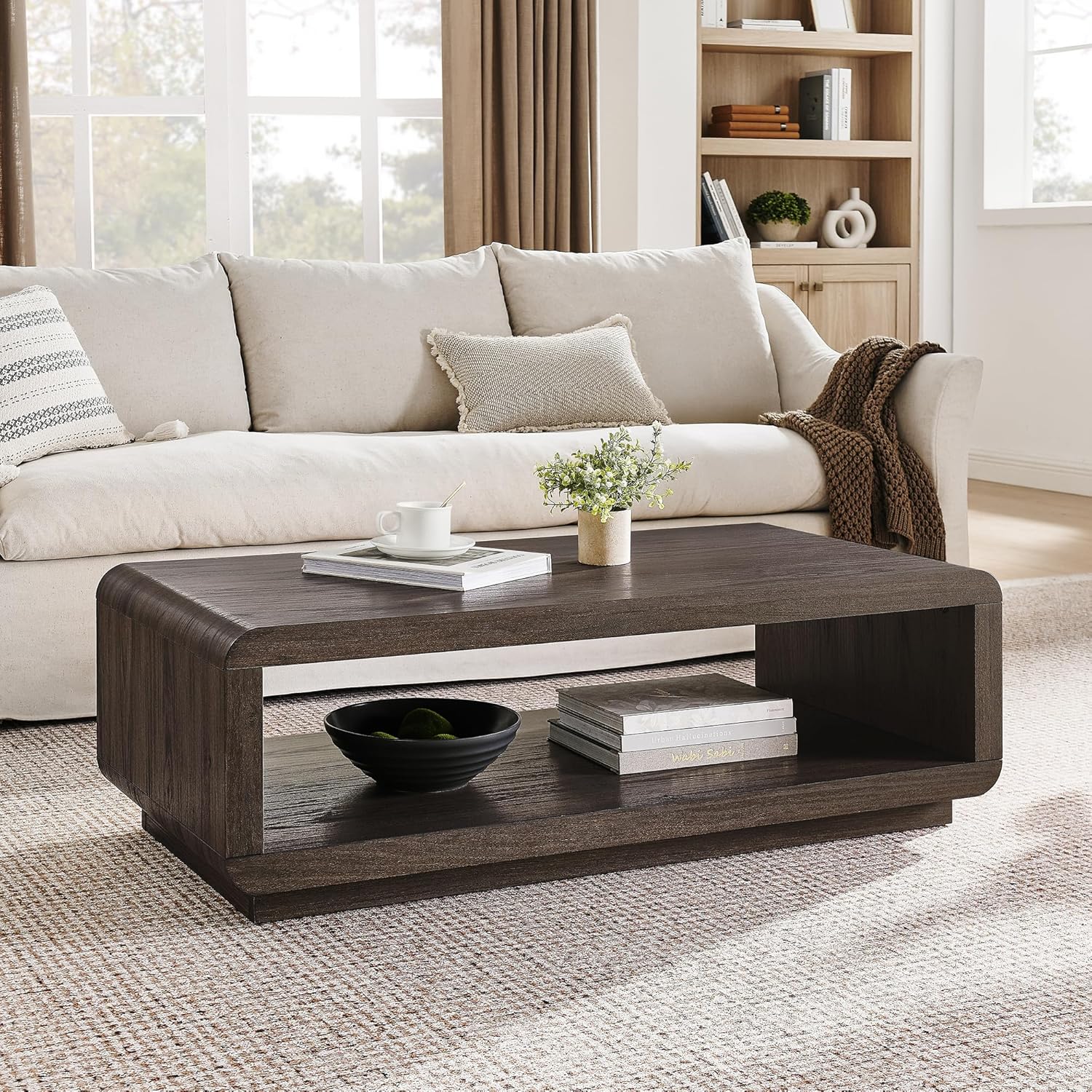 Henn&Hart 48" Modern Rectangular Coffee Table with Open Storage Shelf for Living Room, Family Room, Office, or Apartment, Heritage Oak