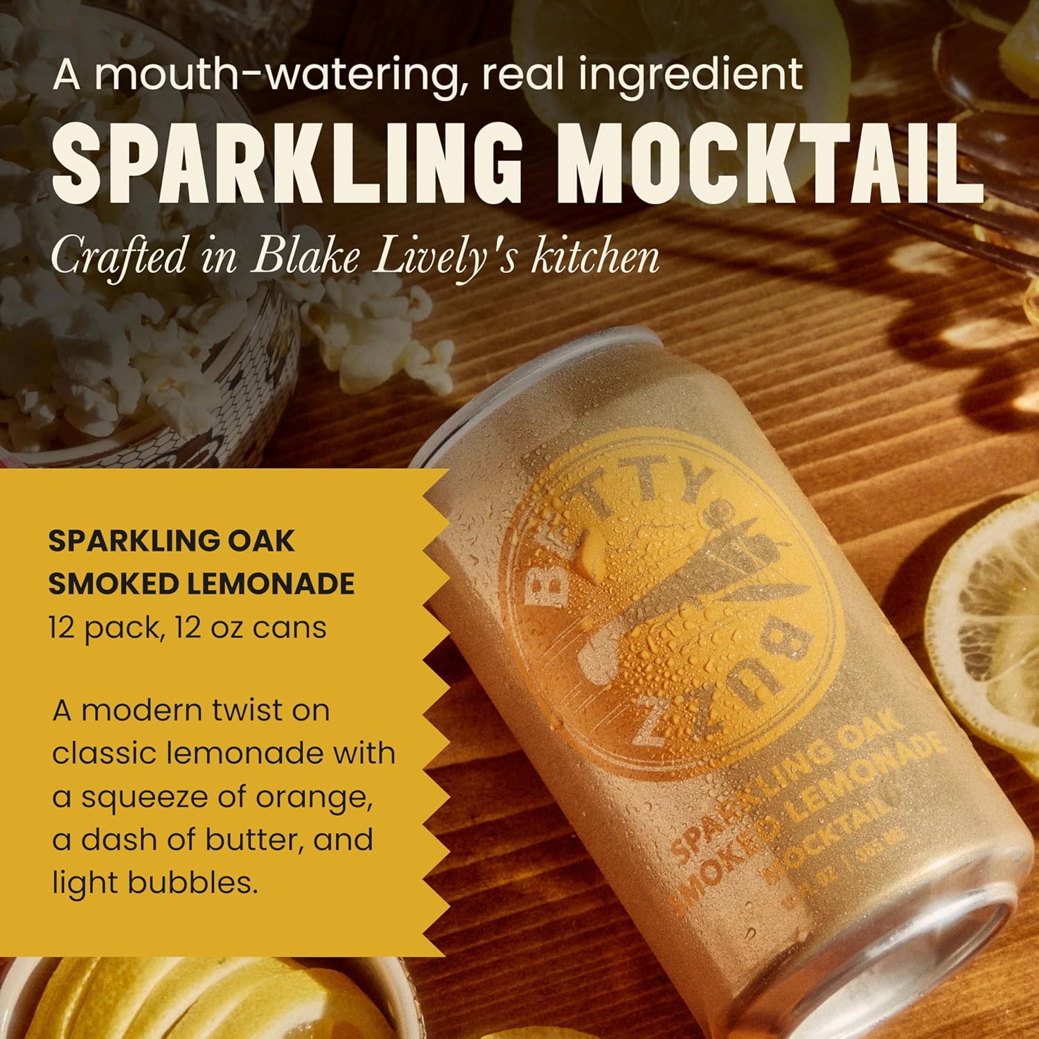 Betty Buzz Oak Smoked Lemonade Sparkling Mocktail by Blake Lively (12 pack Cans) - Natural Flavors & Sweeteners, Only Clean Ingredients