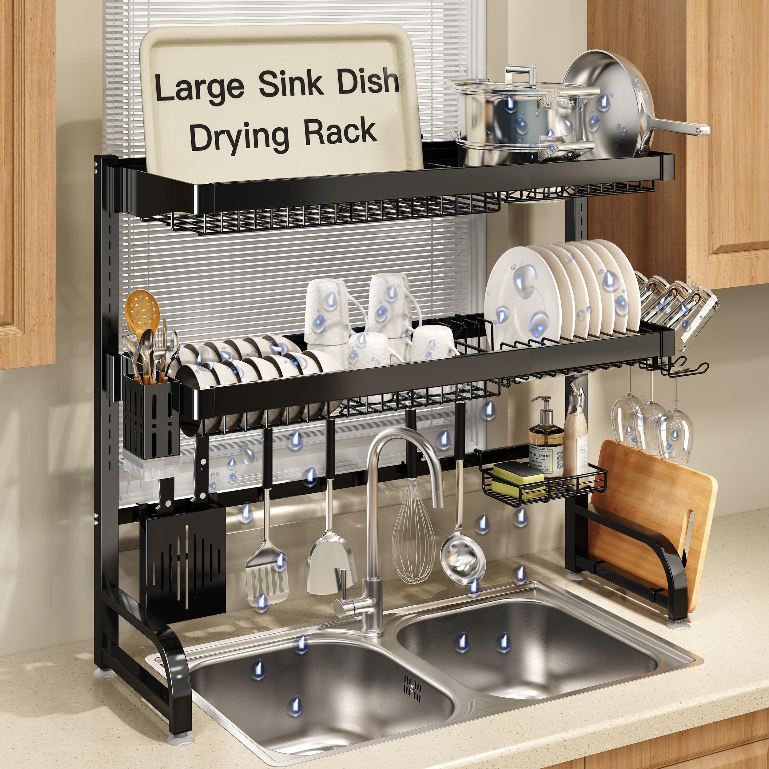 3 Tier Extra Large Stainless Steel Expandable Over The Sink Dish Drainer Drying Rack, Rust Proof Metal, Space Saving, Modern Black Big Capacity Extendable Plate Strainers Above Kitchen Counter