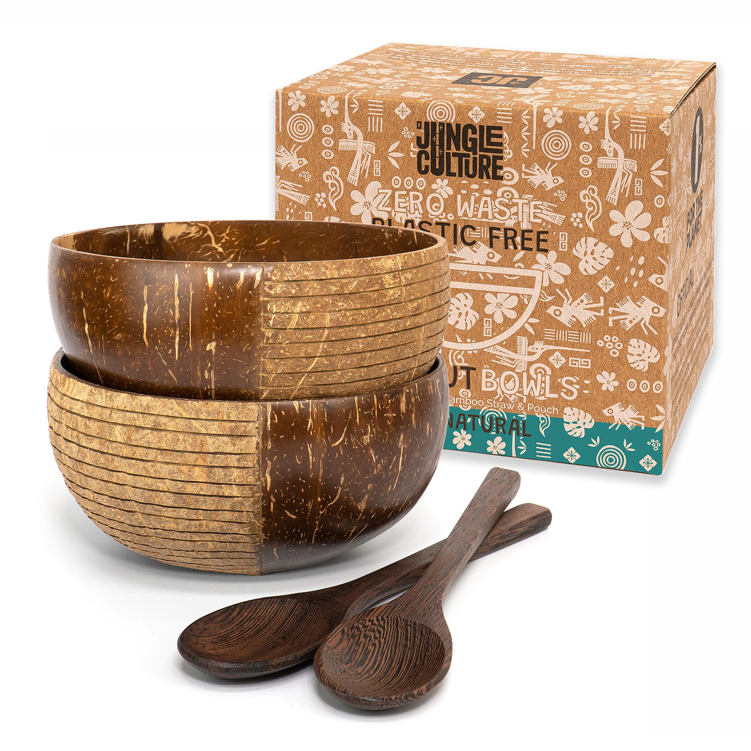 Jungle Culture 2 Bowl Set - Striped Jungle Culture® Set Of 2 Coconut Bowls & Spoons • Organic Wooden Bowls Polished With Coconut Oil, Reusable Straw & Pouch • Handmade Serving Bowls For Food Acai Smoothies & Salad • Eco Friendly Gift